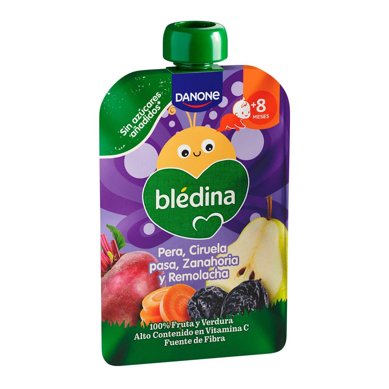 Bosita de pera, ciruela, zanahoria y remolacha desde 8 meses Danone Blédina sin gluten y sin azúcar añadido 100 g. — otra vista del envase