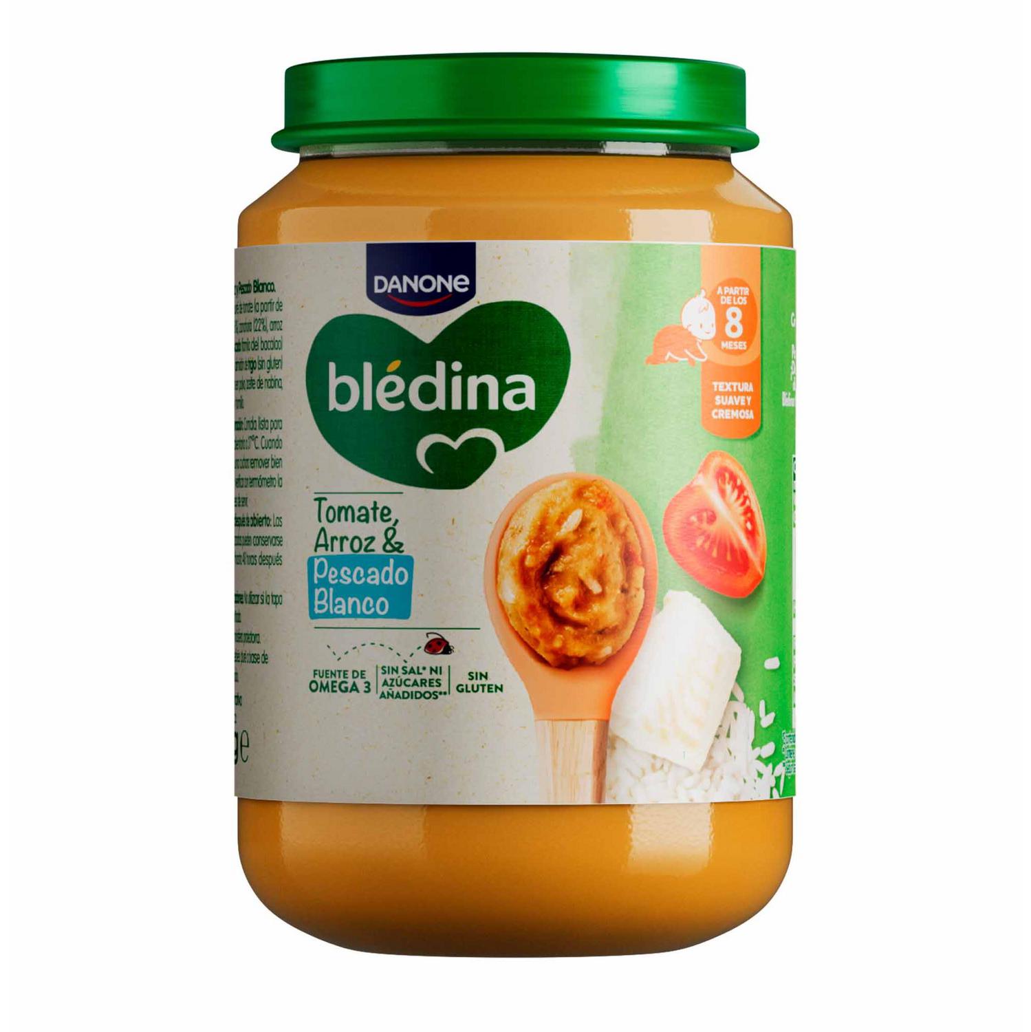 Tarrito de tomate, arroz y pescado blanco desde 8 meses Danone Blédina sin gluten y sin azúcar añadido 200 g. — otra vista del envase