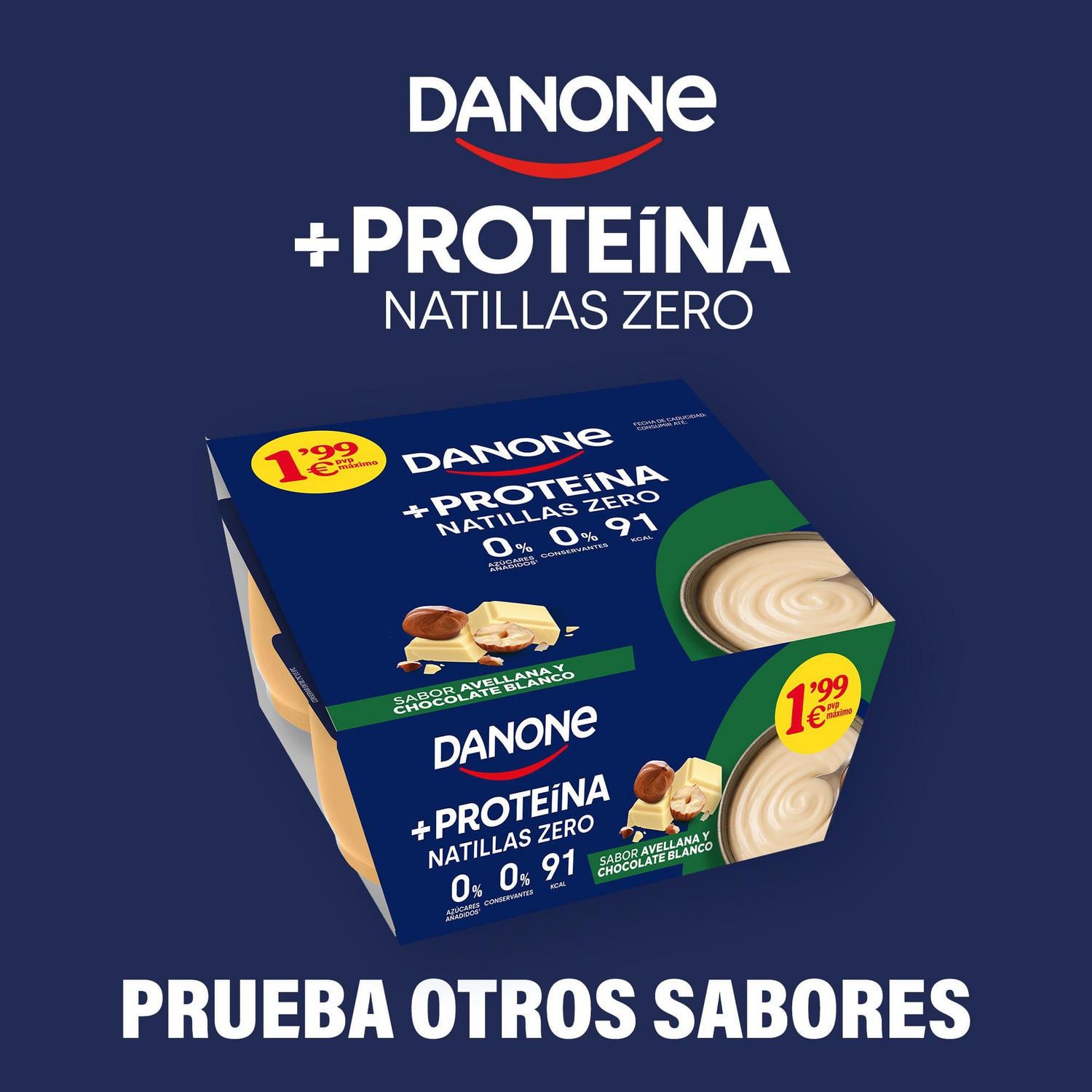 Natillas +Proteínas Zero sabor avellanas y chocolate blanco Danone sin gluten pack de 4 unidades de 120 g. — otra vista del envase