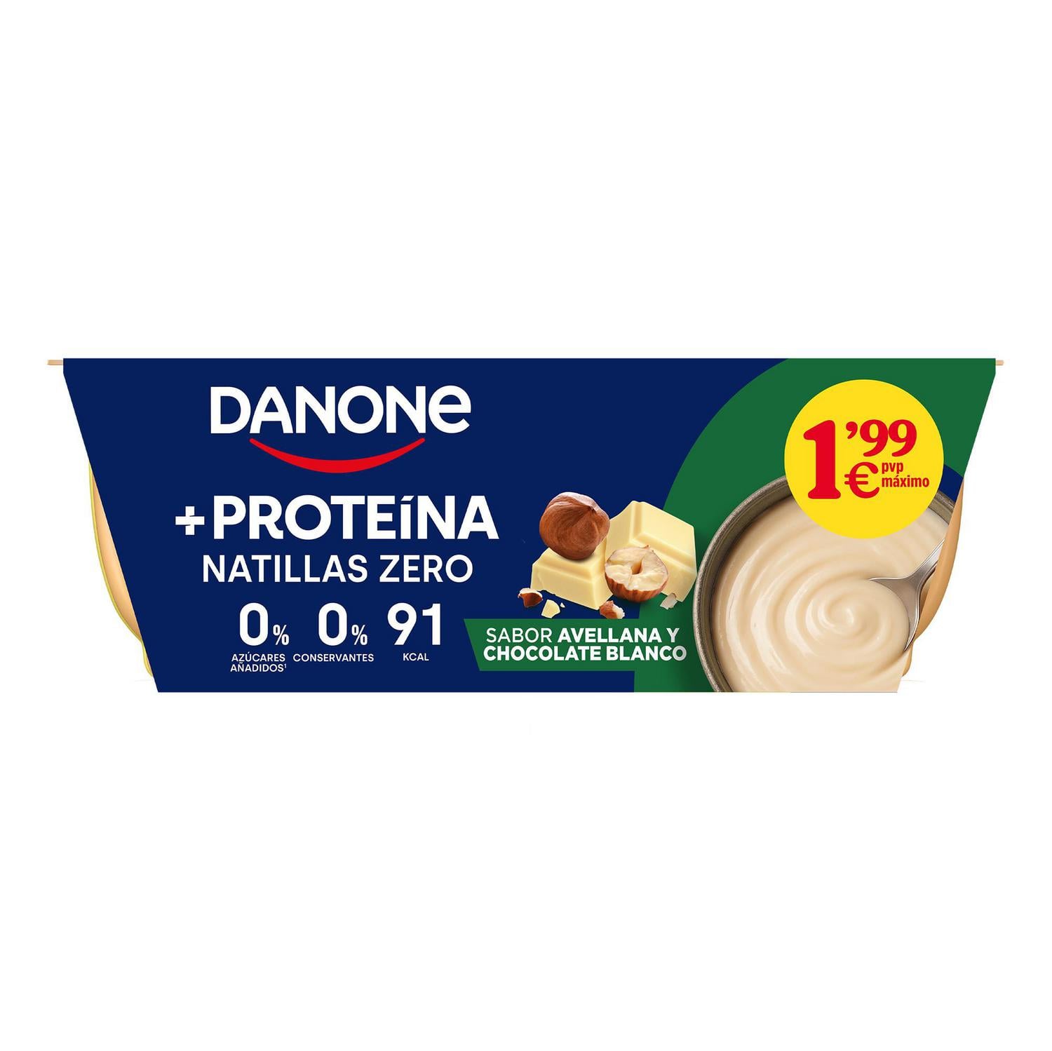 Natillas +Proteínas Zero sabor avellanas y chocolate blanco Danone sin gluten pack de 4 unidades de 120 g. — otra vista del envase
