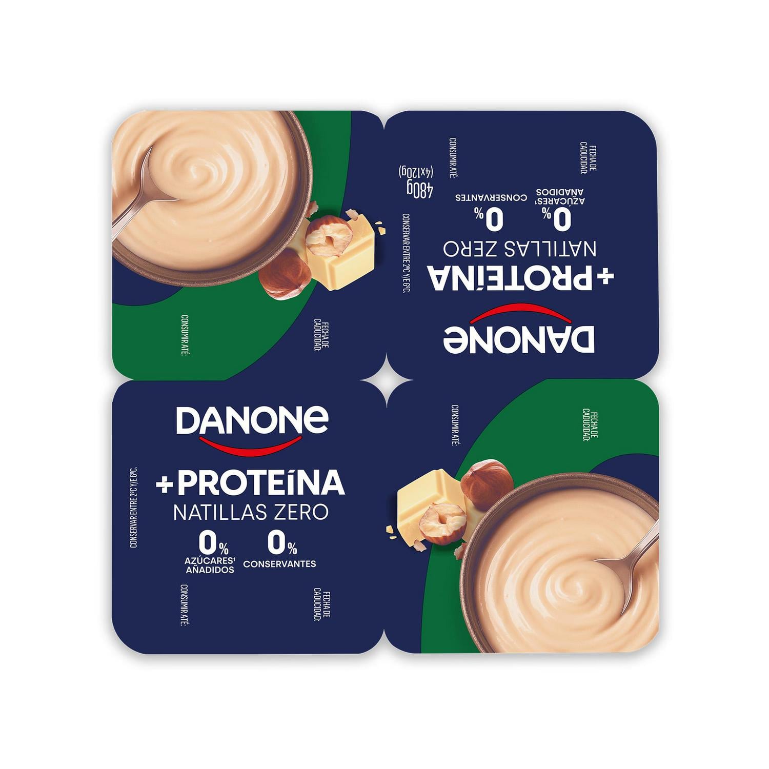 Natillas +Proteínas Zero sabor avellanas y chocolate blanco Danone sin gluten pack de 4 unidades de 120 g. — otra vista del envase