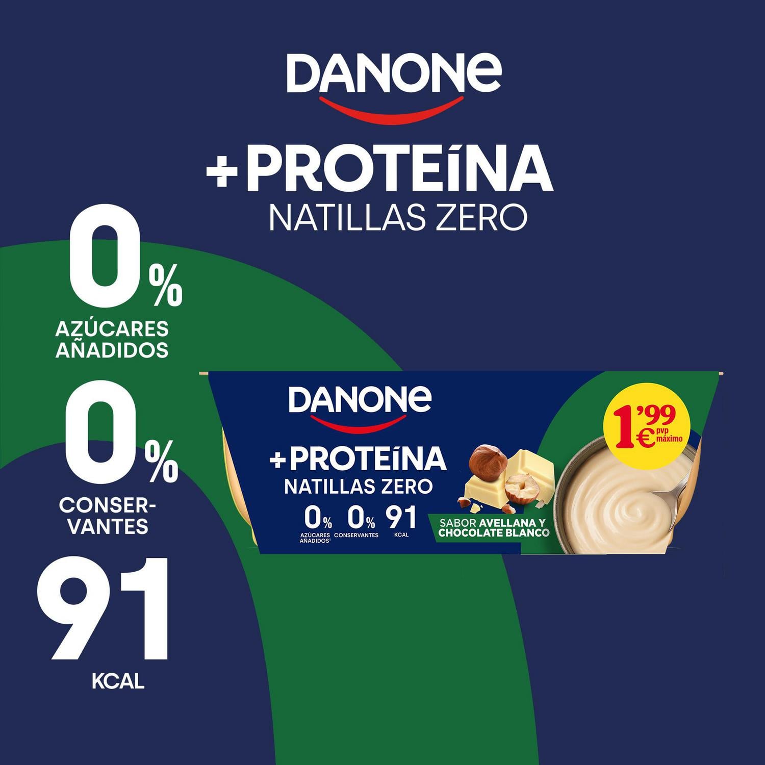 Natillas +Proteínas Zero sabor avellanas y chocolate blanco Danone sin gluten pack de 4 unidades de 120 g. — otra vista del envase