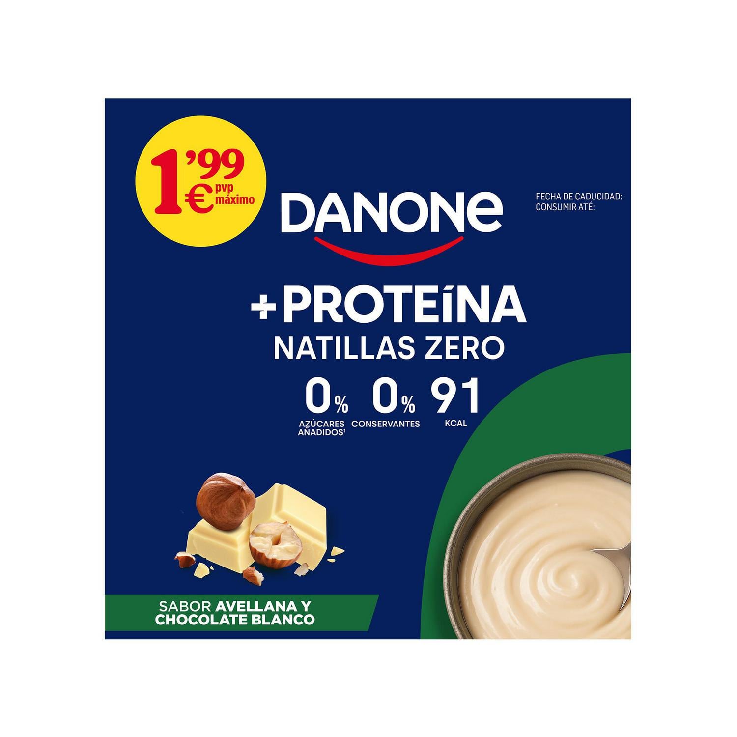 Natillas +Proteínas Zero sabor avellanas y chocolate blanco Danone sin gluten pack de 4 unidades de 120 g. — otra vista del envase