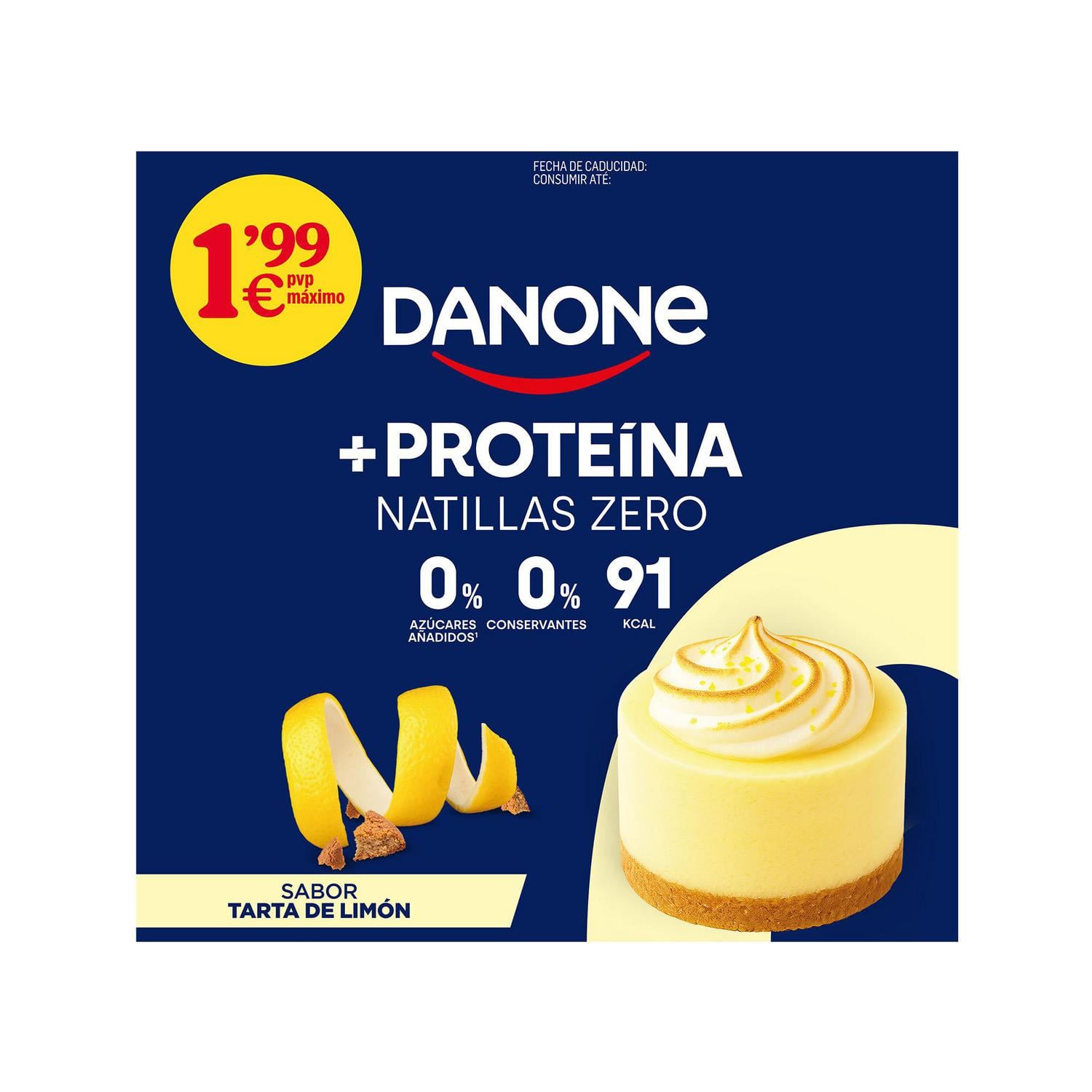 Natillas +Proteínas Zero sabor tarta de limón Danone sin gluten pack de 4 unidades de 120 g. — otra vista del envase