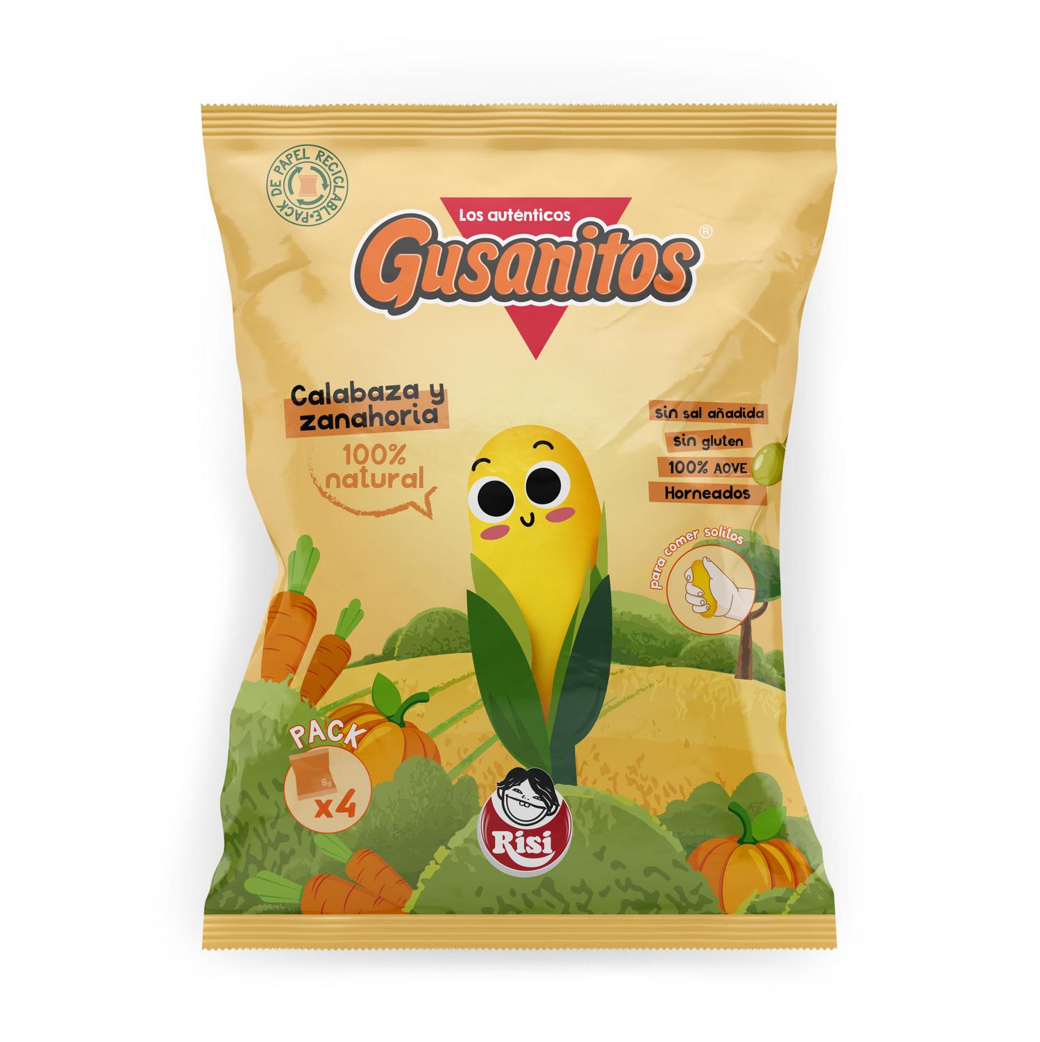 Gusanitos de calabaza y zanahoria Risi sin gluten y sin sal añadida pack 4 unidades de 8 g. — otra vista del envase
