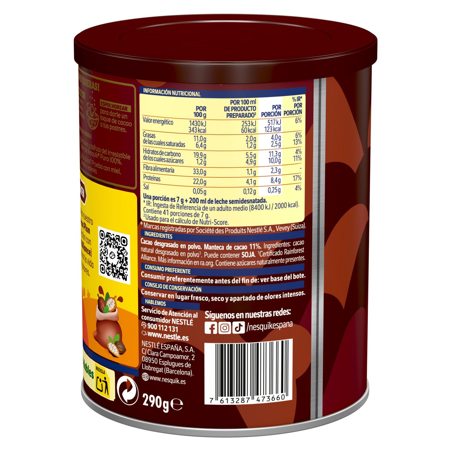 Cacao soluble puro 100% cacao natural sin azúcar añadido Nestlé Nesquik sin gluten 290 g. — otra vista del envase
