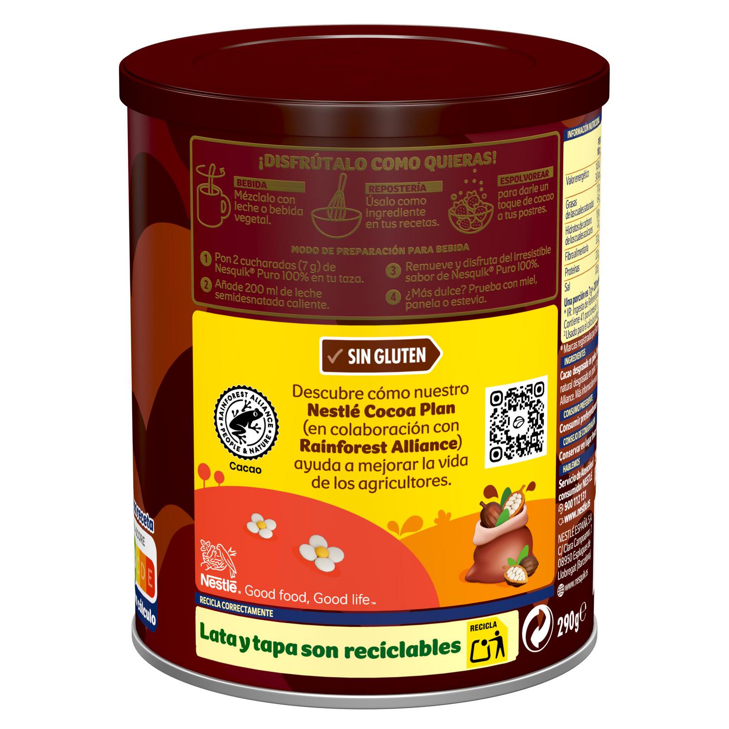 Cacao soluble puro 100% cacao natural sin azúcar añadido Nestlé Nesquik sin gluten 290 g. — otra vista del envase