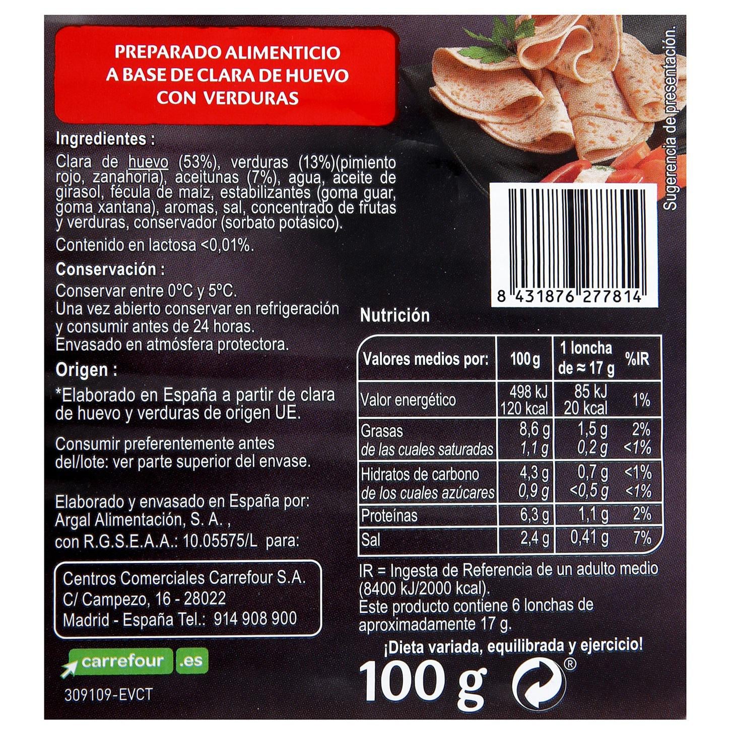 Lochas vegetarianas con verduras Carrefour Veggie sin gluten y sin lactosa 100 g. — otra vista del envase