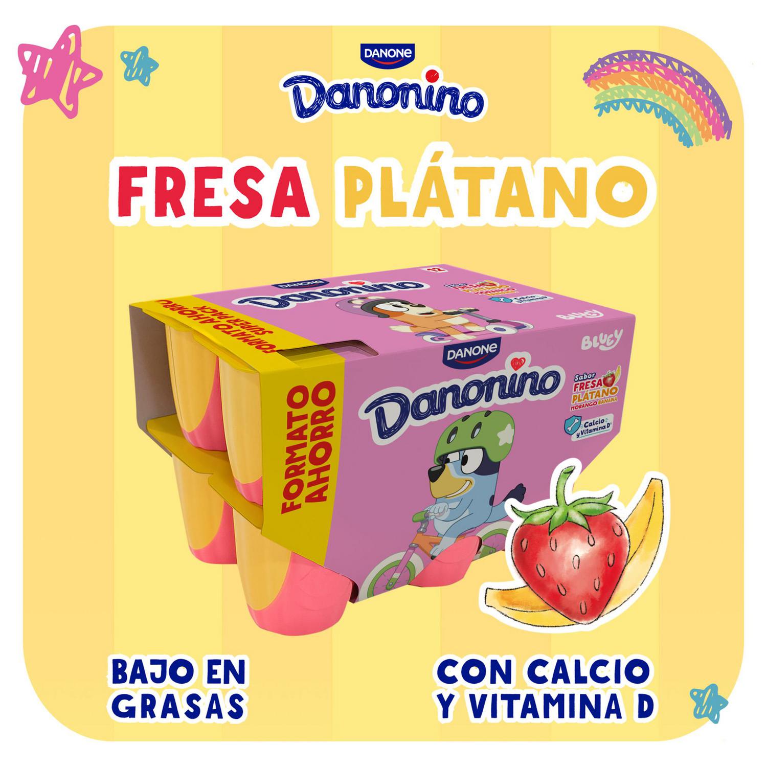 Queso fresco aromatizado con sabor a fresa y plátano Danone Danonino sin gluten pack de 12 unidades de 50 g. — otra vista del envase
