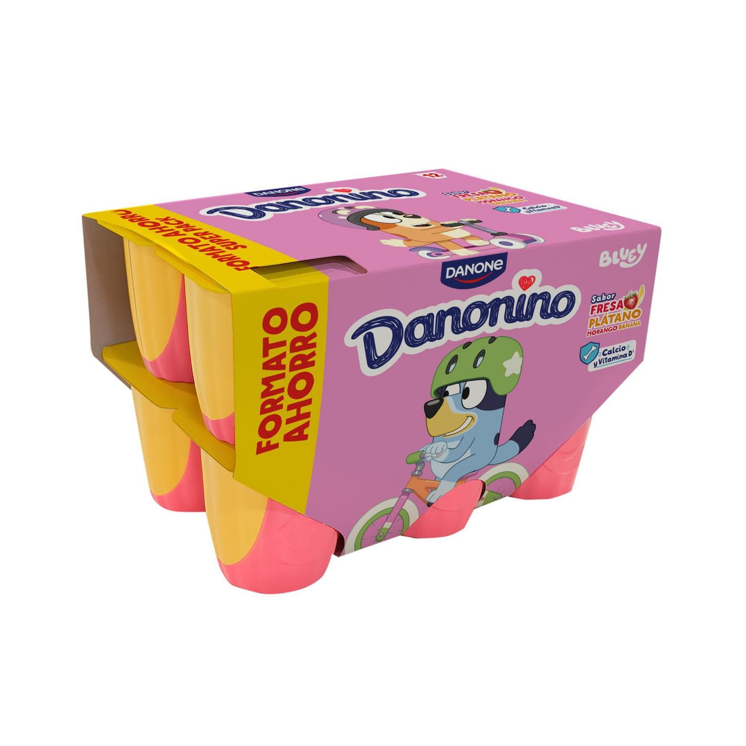 Queso fresco aromatizado con sabor a fresa y plátano Danone Danonino sin gluten pack de 12 unidades de 50 g. — otra vista del envase