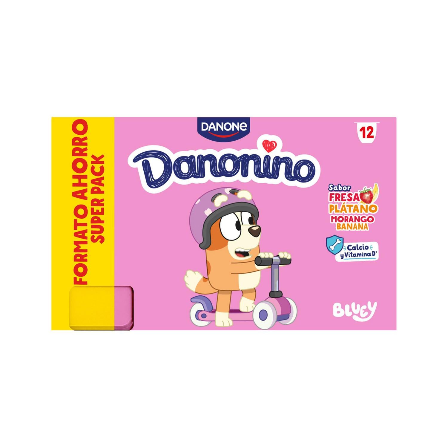 Queso fresco aromatizado con sabor a fresa y plátano Danone Danonino sin gluten pack de 12 unidades de 50 g. — otra vista del envase