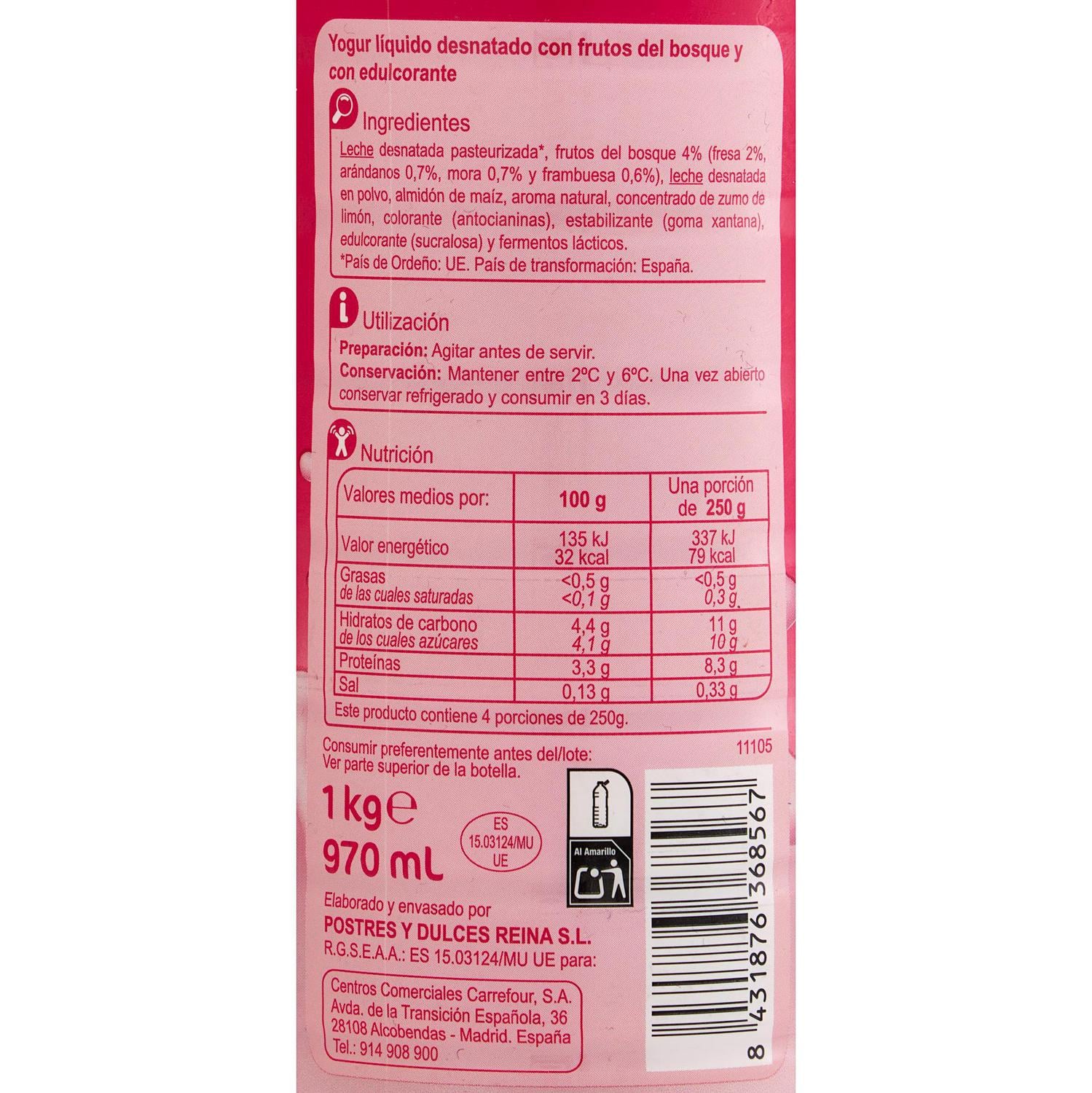 Yogur líquido desnatado con frutas del bosque Carrefour Classic sin azúcar añadido sin gluten 970 ml. — otra vista del envase