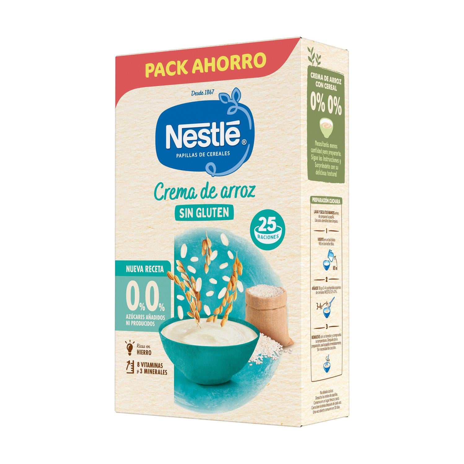 Papilla infantil desde 6 meses Nestlé crema de arroz sin gluten y sin azúcar añadido 450 g. — otra vista del envase