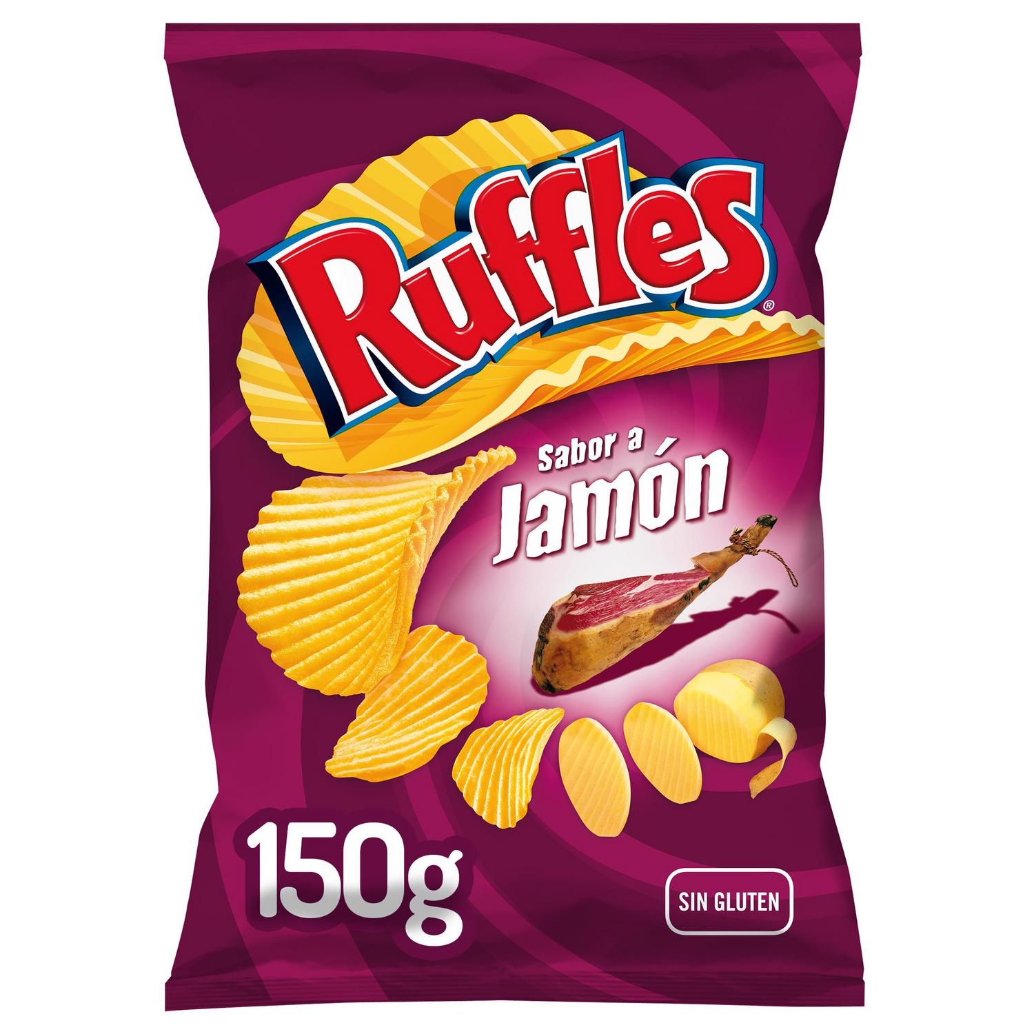 Patatas fritas onduladas sabor jamón Ruffles sin gluten 150 g. — otra vista del envase