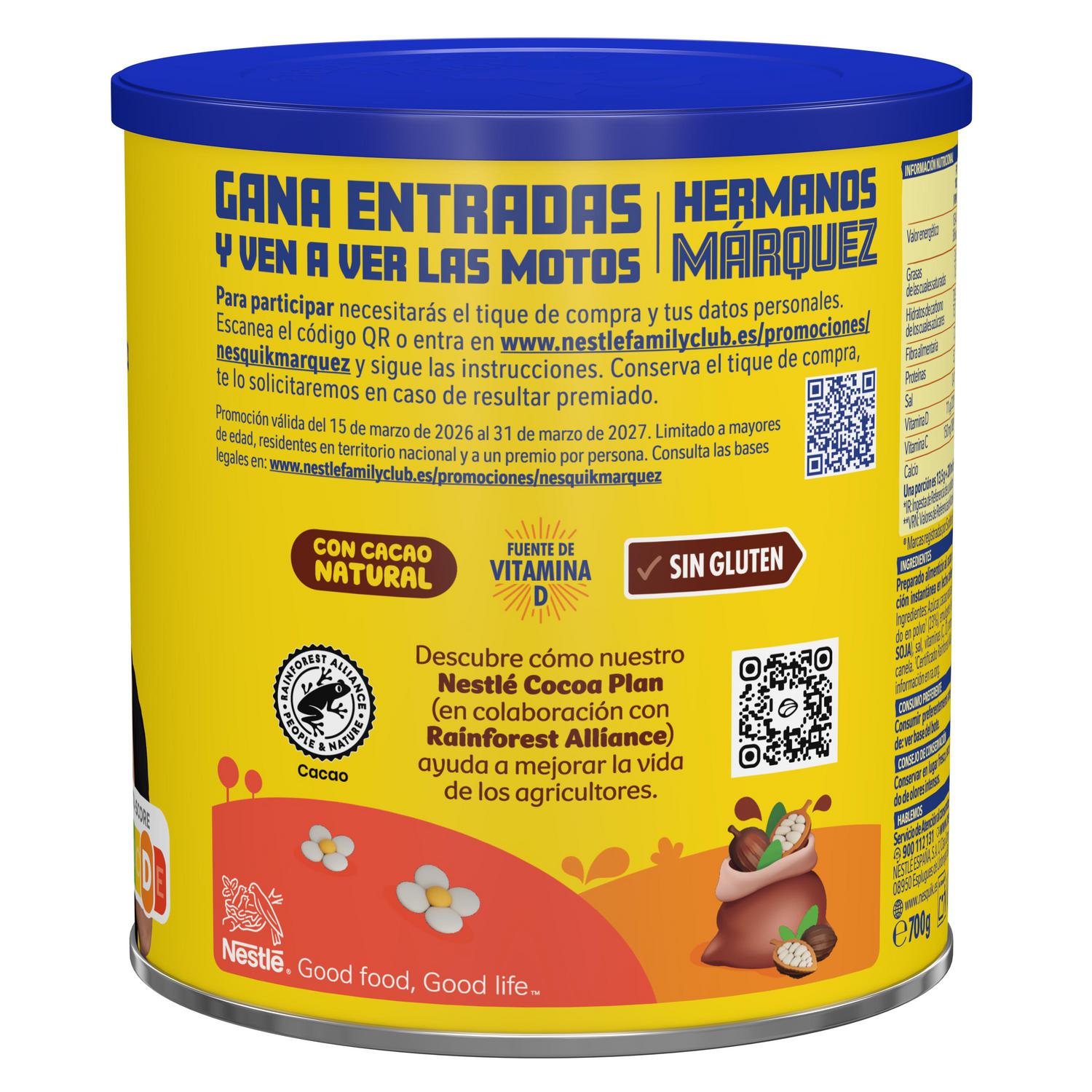Cacao soluble instantáneo Nestlé Nesquik sin gluten 700 g. — otra vista del envase