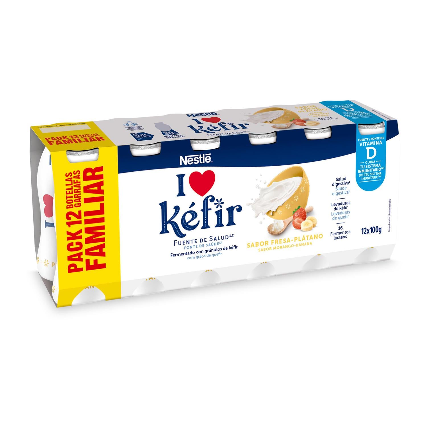 Kéfir sabor a fresa y plátano Nestlé sin gluten pack de 12 unidades de 100 g. — otra vista del envase