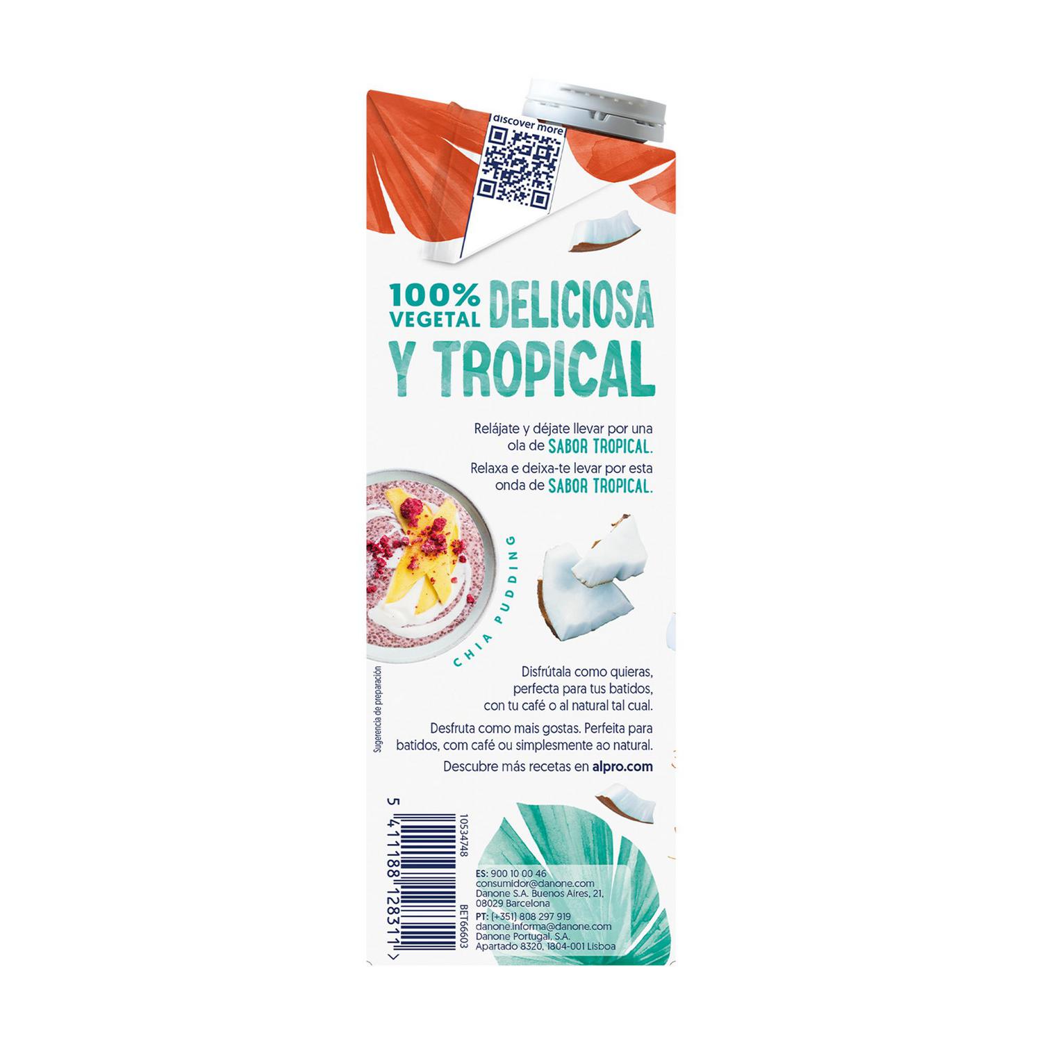 Bebida de coco sin azúcar Alpro sin gluten y sin lactosa brik 1 l. — otra vista del envase