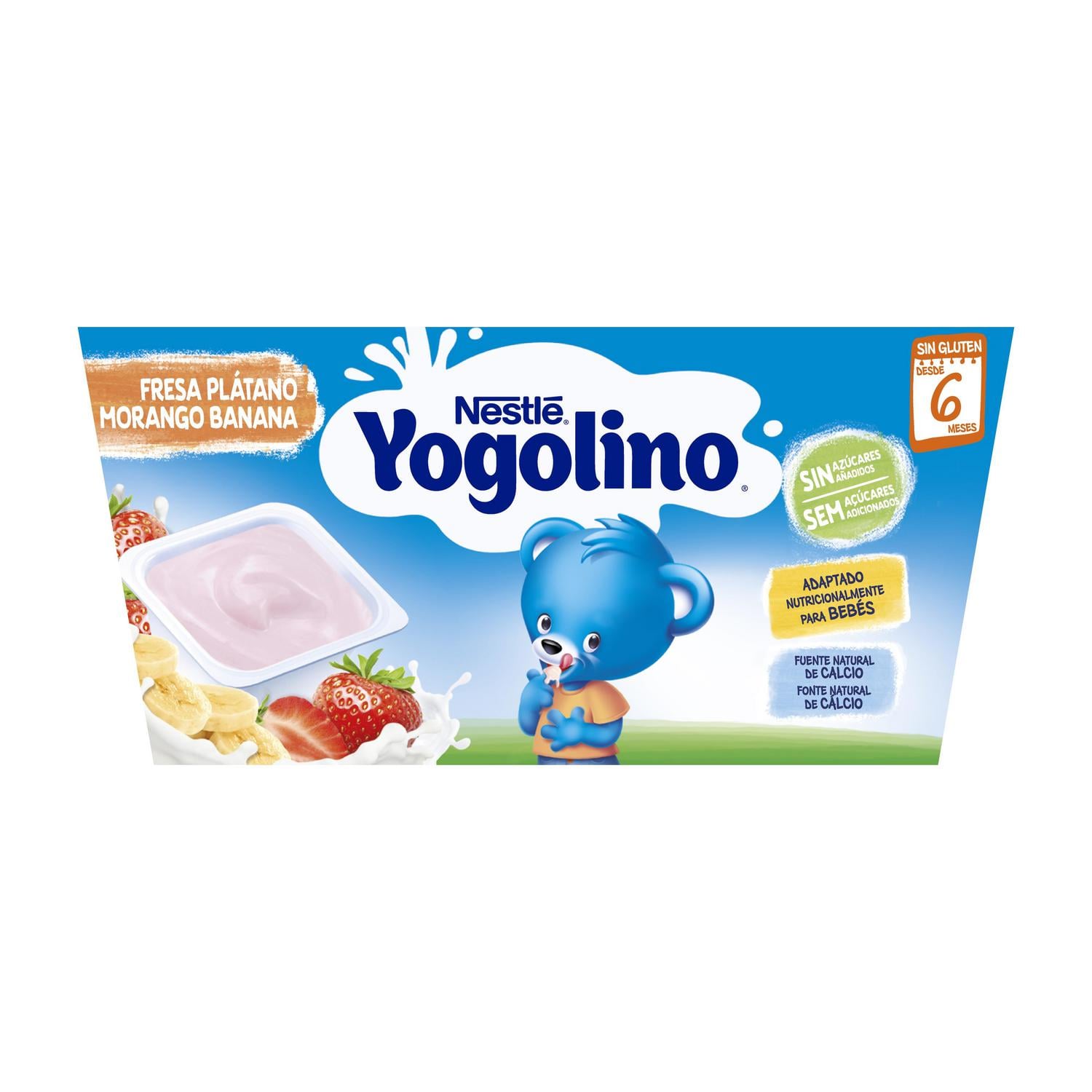 Postre lácteo fresa y plátano desde 6 meses Nestlé Yogolino sin gluten y sin azúcar añadido pack de 4 unidades de 100 g. — otra vista del envase