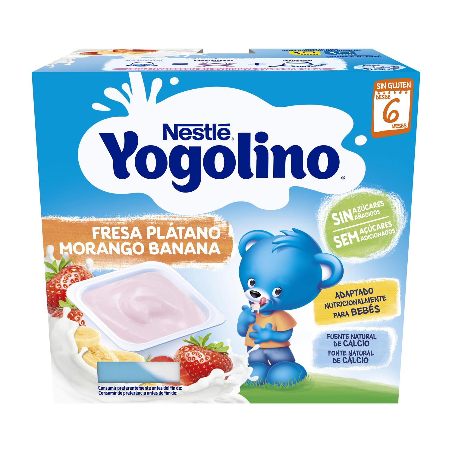 Postre lácteo fresa y plátano desde 6 meses Nestlé Yogolino sin gluten y sin azúcar añadido pack de 4 unidades de 100 g. — otra vista del envase