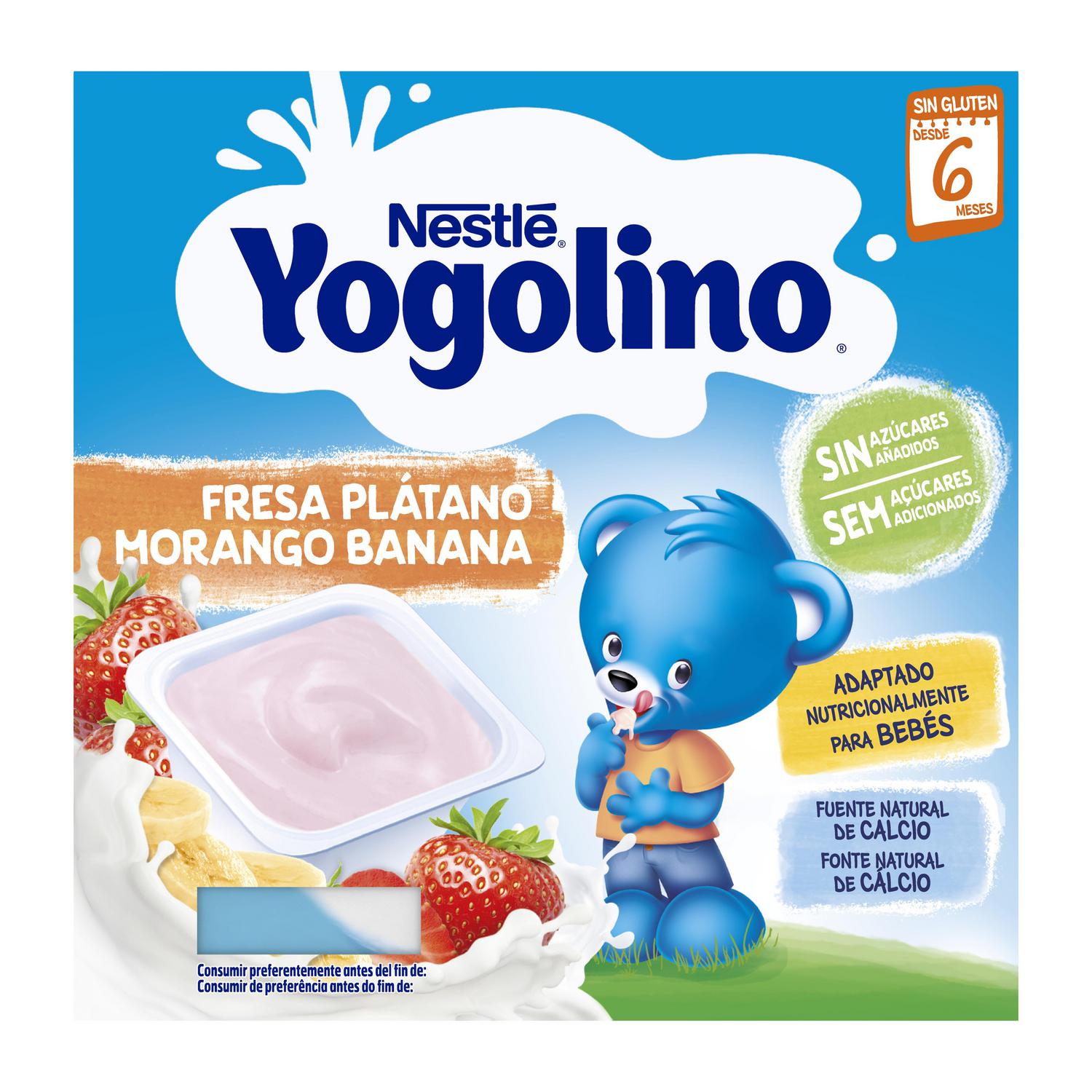 Postre lácteo fresa y plátano desde 6 meses Nestlé Yogolino sin gluten y sin azúcar añadido pack de 4 unidades de 100 g. — otra vista del envase