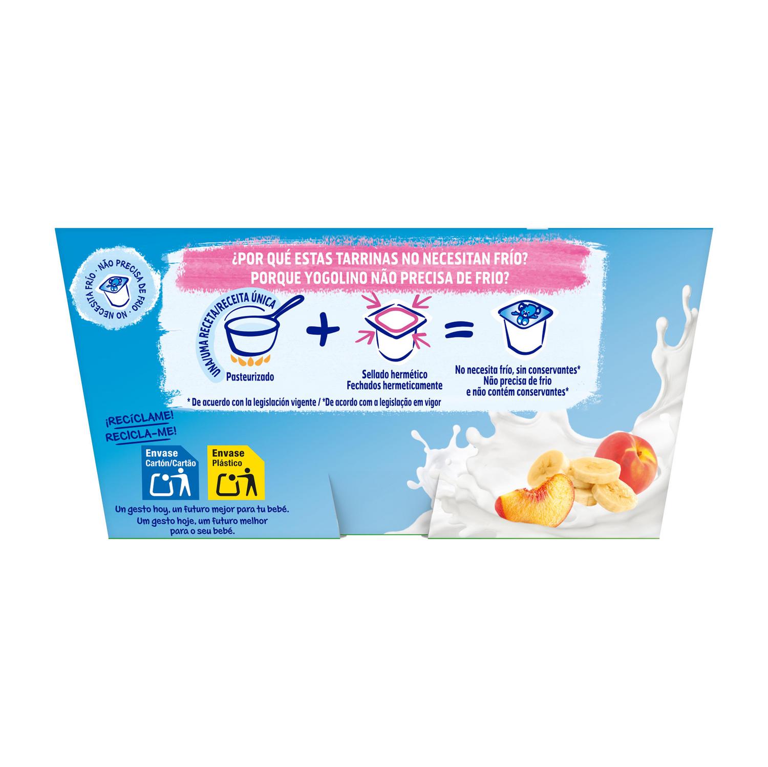 Postre lácteo melocotón y plátano desde 6 meses Nestlé Yogolino sin gluten y sin azúcar añadido pack de 4 unidades de 100 g. — otra vista del envase