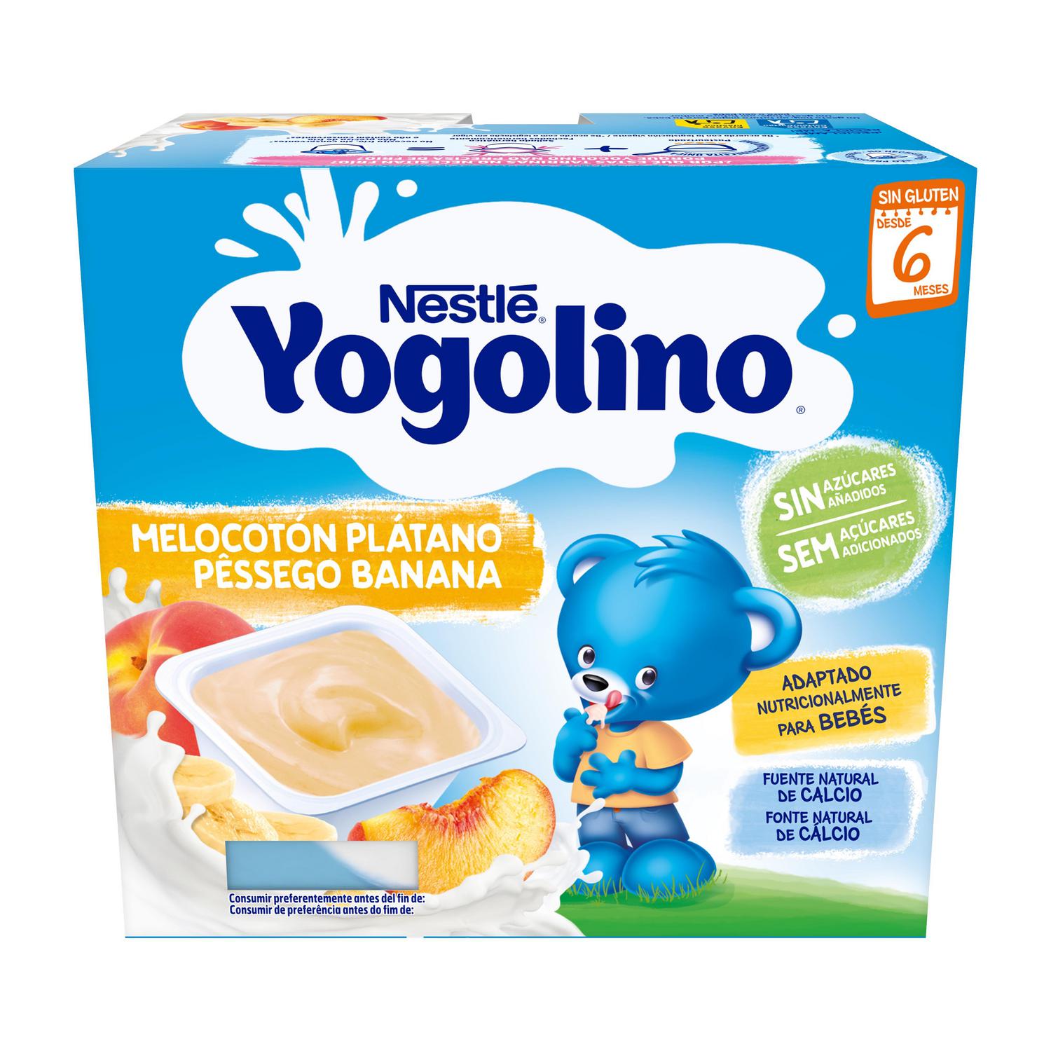 Postre lácteo melocotón y plátano desde 6 meses Nestlé Yogolino sin gluten y sin azúcar añadido pack de 4 unidades de 100 g. — otra vista del envase