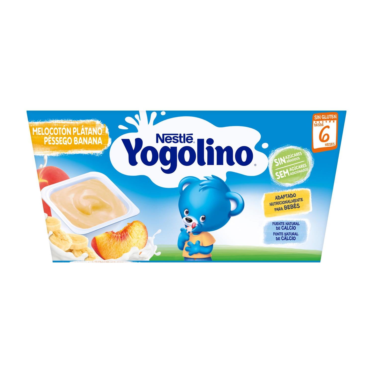 Postre lácteo melocotón y plátano desde 6 meses Nestlé Yogolino sin gluten y sin azúcar añadido pack de 4 unidades de 100 g. — otra vista del envase