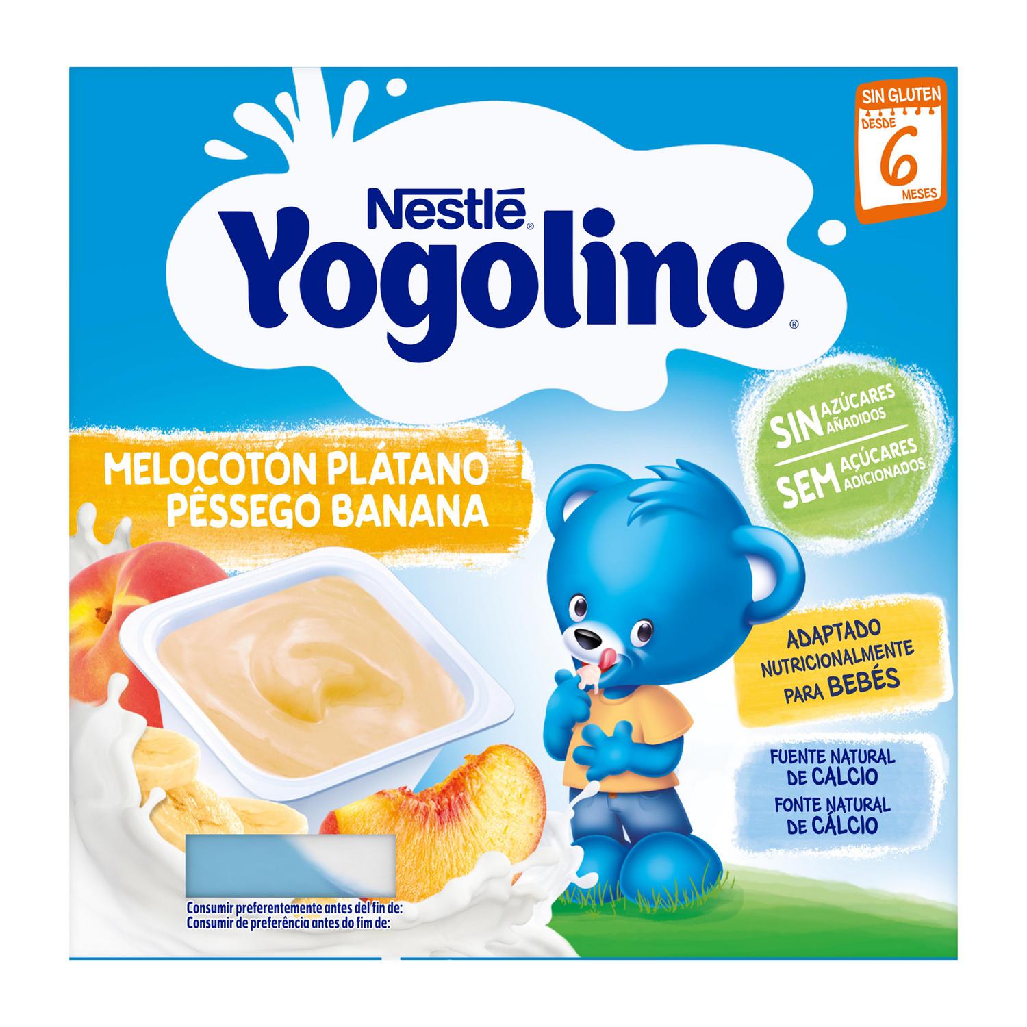 Postre lácteo melocotón y plátano desde 6 meses Nestlé Yogolino sin gluten y sin azúcar añadido pack de 4 unidades de 100 g. — otra vista del envase