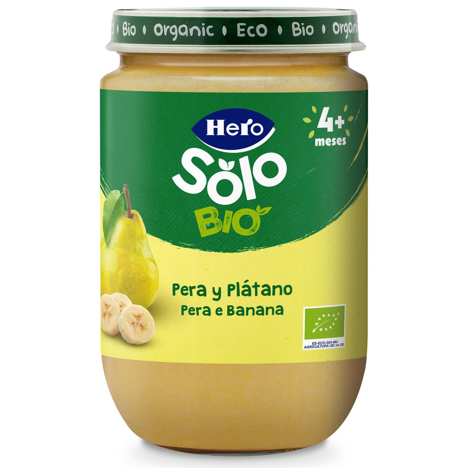 Tarrito de pera y plátano desde 4 meses ecológico Hero Solo sin gluten 190 g. — otra vista del envase