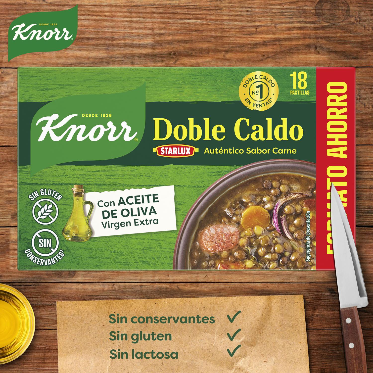 Doble caldo carne Knorr sin gluten y sin lactosa 18 pastillas — otra vista del envase