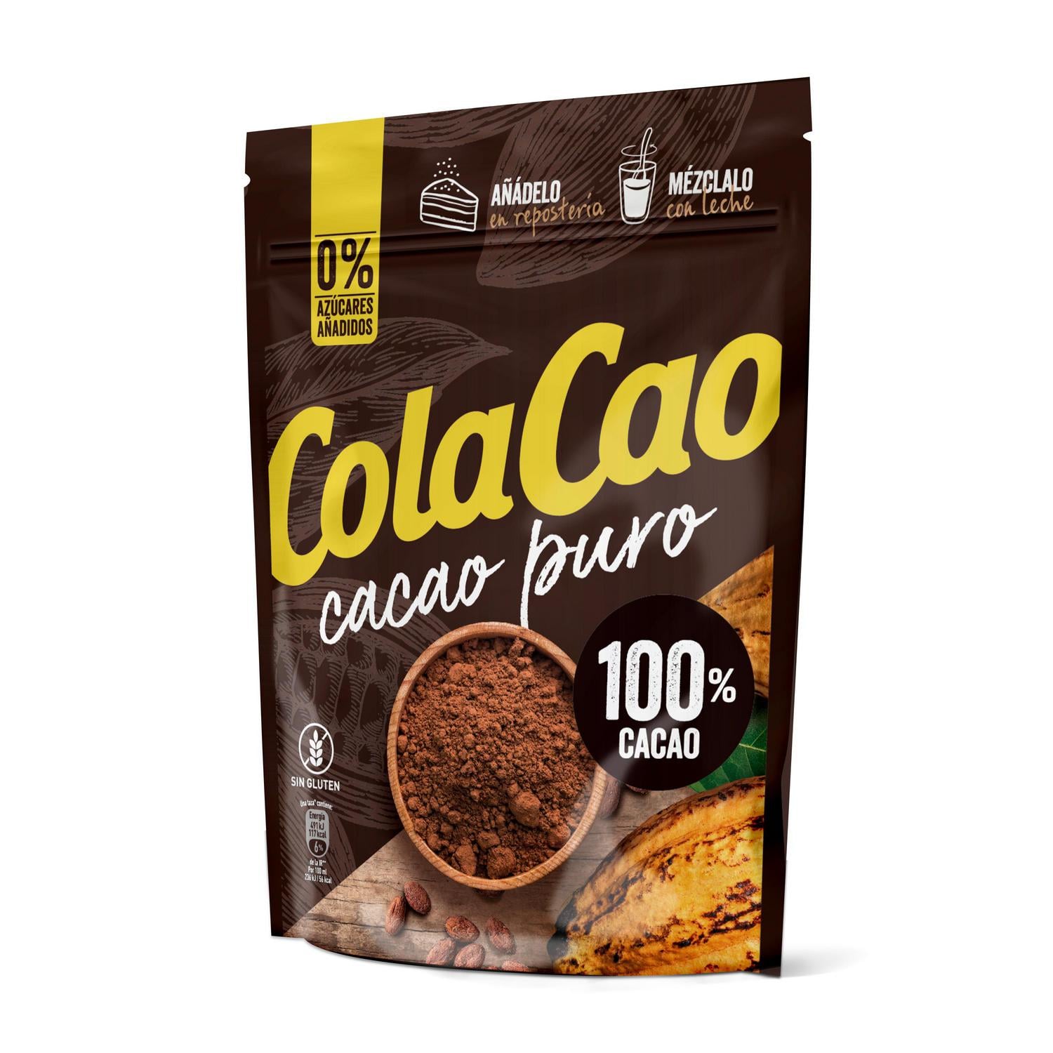 Cacao soluble puro Cola Cao sin gluten y sin azúcar añadido 250 g. — otra vista del envase