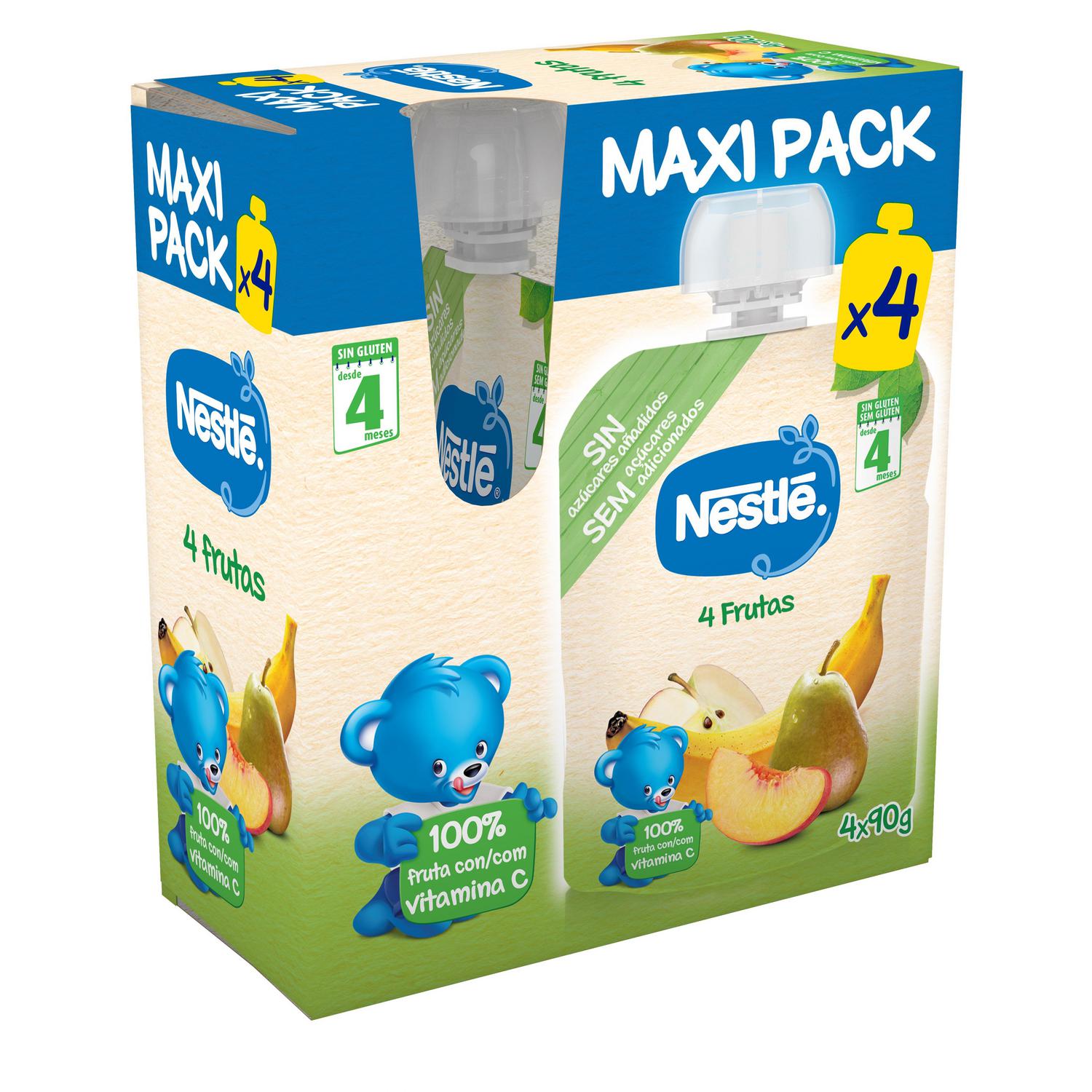 Bolsita de 4 frutas desde 4 meses Nestlé sin gluten y sin azúcar añadido pack de 4 unidades de 90 g. — otra vista del envase