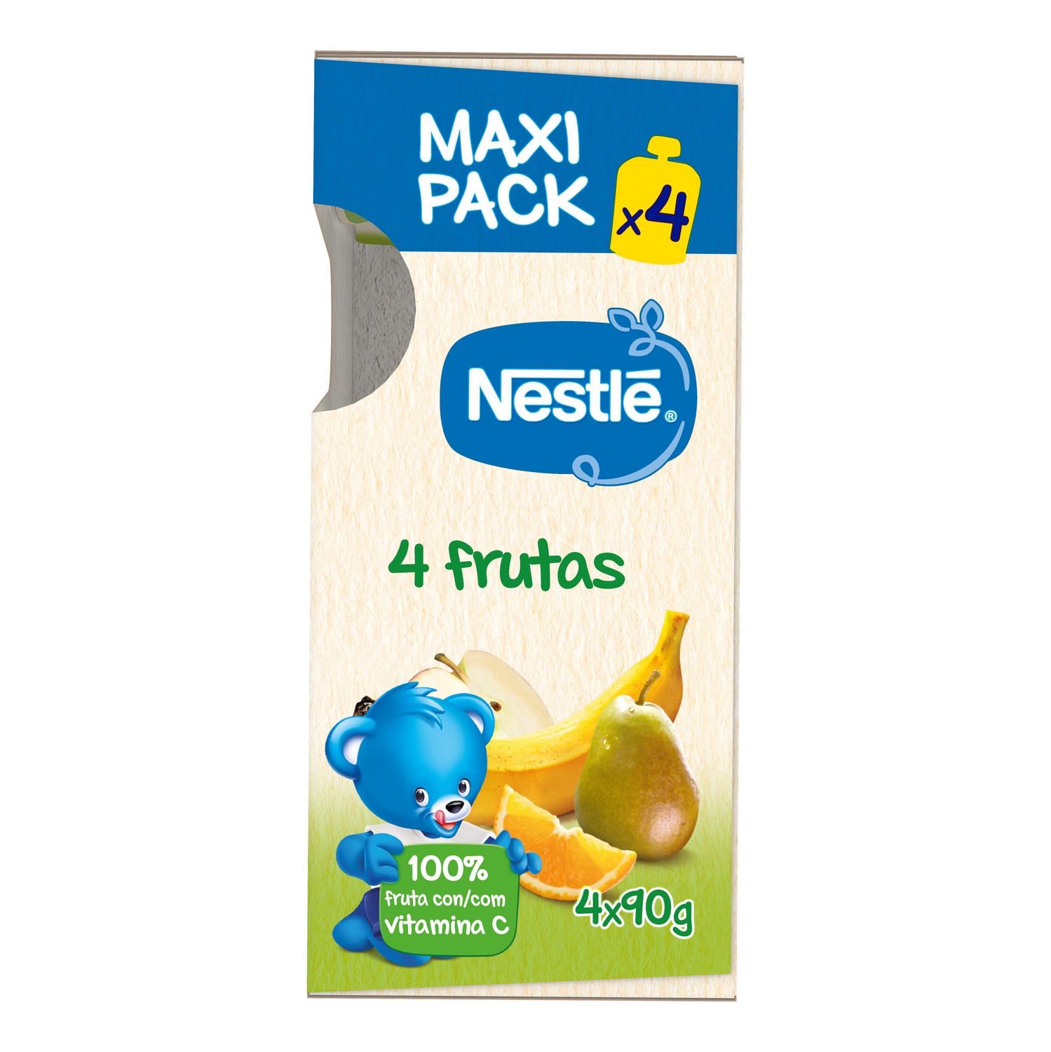 Bolsita de 4 frutas desde 4 meses Nestlé sin gluten y sin azúcar añadido pack de 4 unidades de 90 g. — otra vista del envase