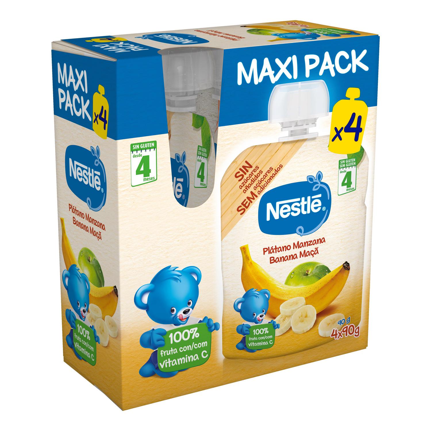 Bolsita de plátano y manzana desde 4 meses Nestlé sin gluten y sin azúcar añadido pack de 4 unidades de 90 g. — otra vista del envase