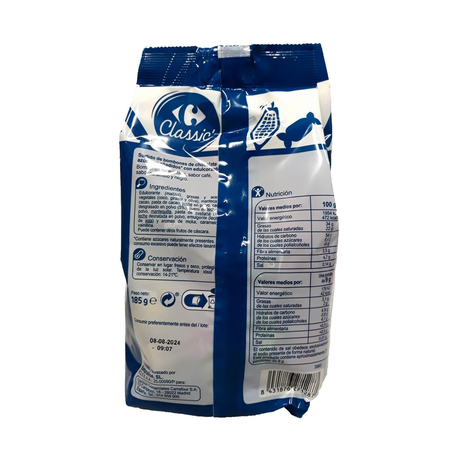 Bombones surtidos de chocolate negro, avellana y trufa Carrefour sin gluten y sin azúcar añadido 198 g. — otra vista del envase