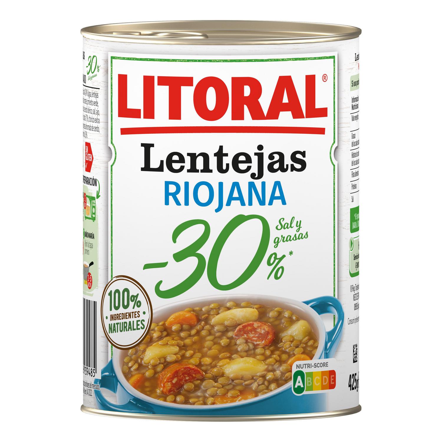 Lentejas a la riojana -30% sal y grasas Litoral sin gluten 425 g. — otra vista del envase
