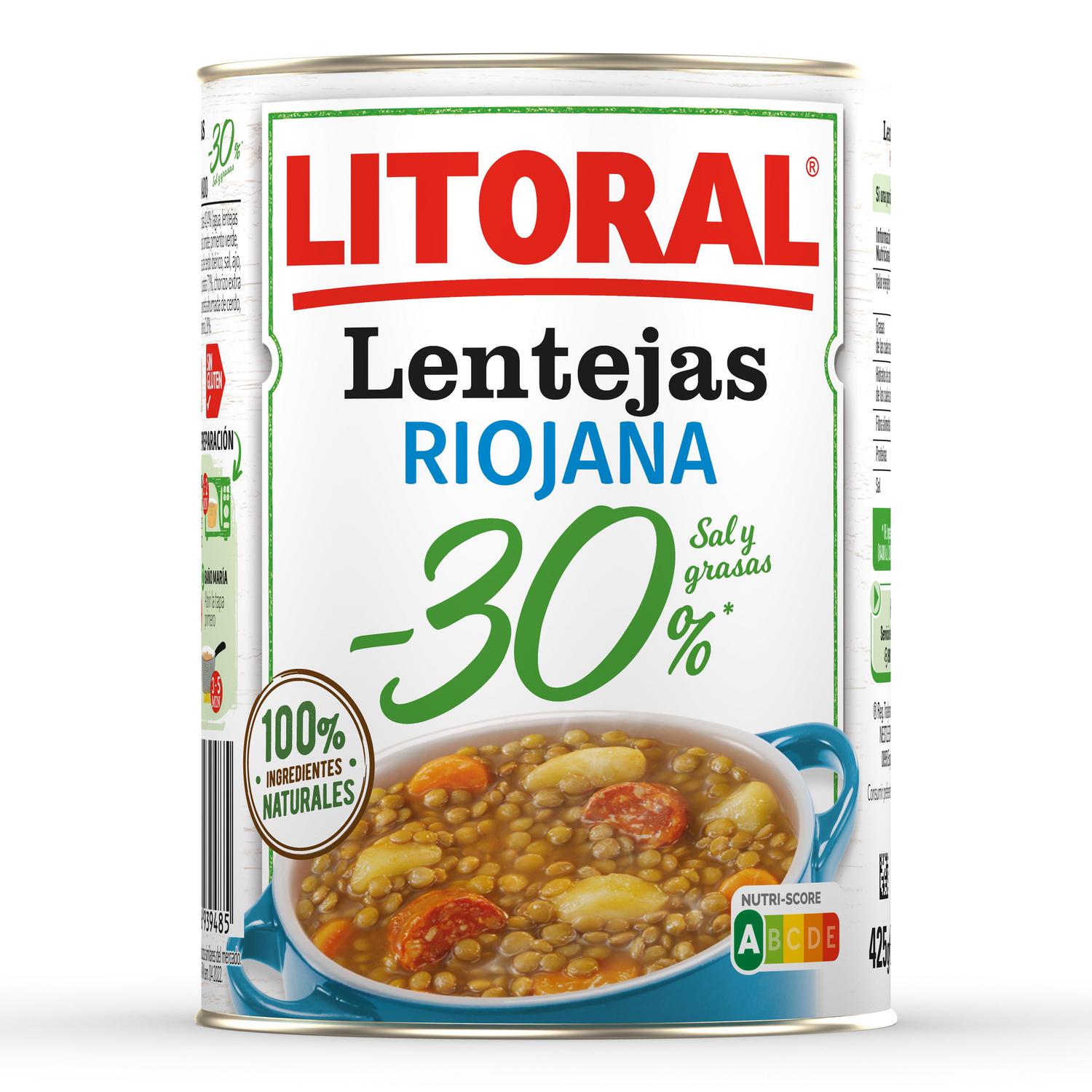 Lentejas a la riojana -30% sal y grasas Litoral sin gluten 425 g. — otra vista del envase