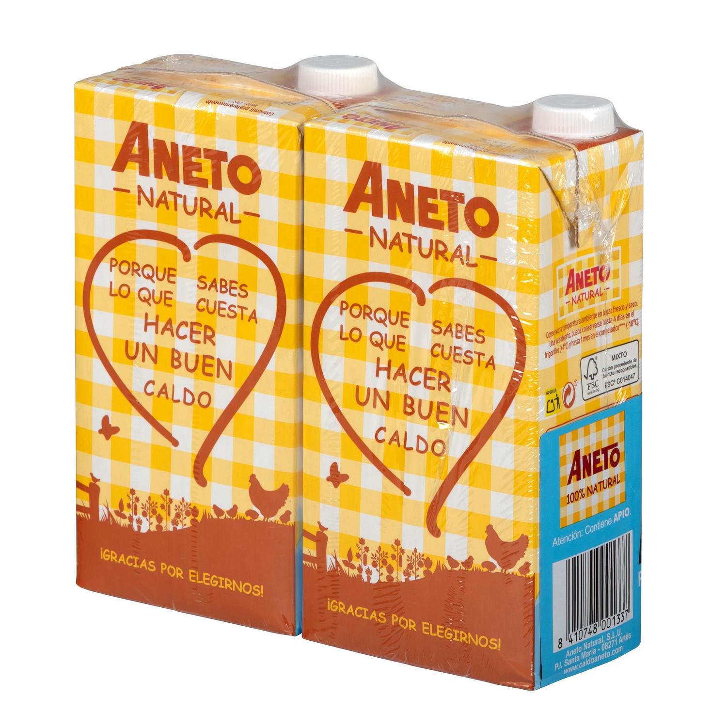 Caldo natural de pollo bajo en sal Aneto sin gluten y sin lactosa pack de 2 briks de 1 l. — otra vista del envase