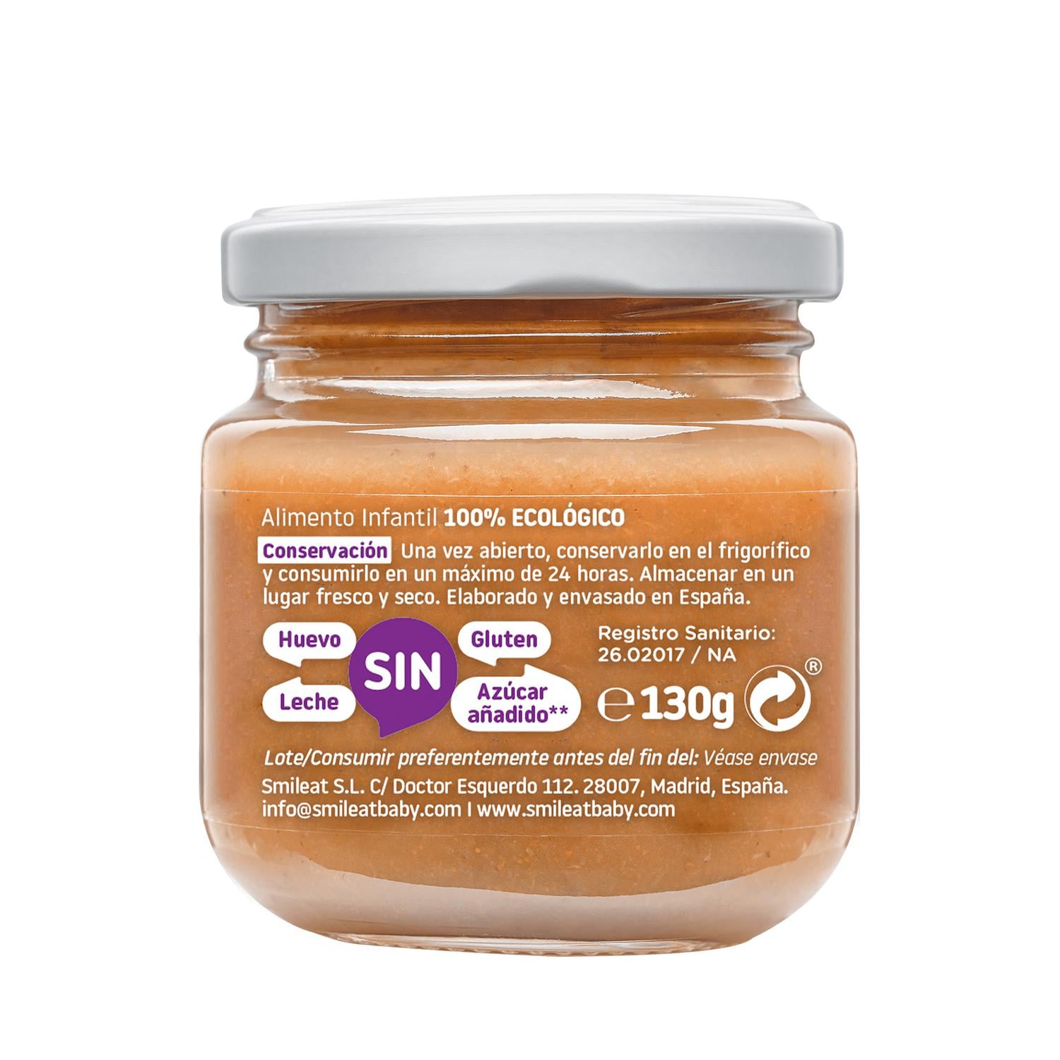 Tarrito de pera, ciruela y plátano desde 4 meses ecológico Smileat sin gluten 130 g. — otra vista del envase