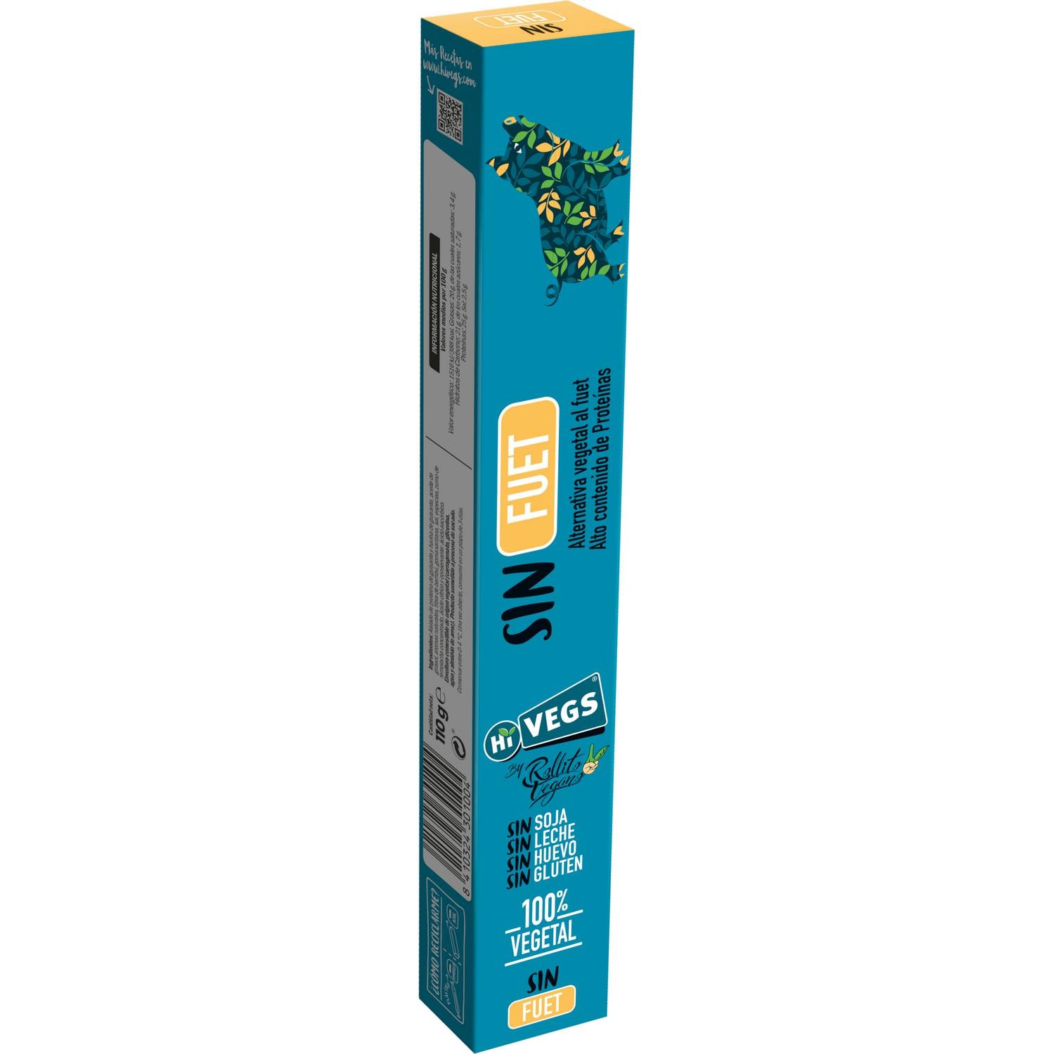 Fuet Vegano en forma de rollito Hi Vegs sin gluten 110 g — otra vista del envase