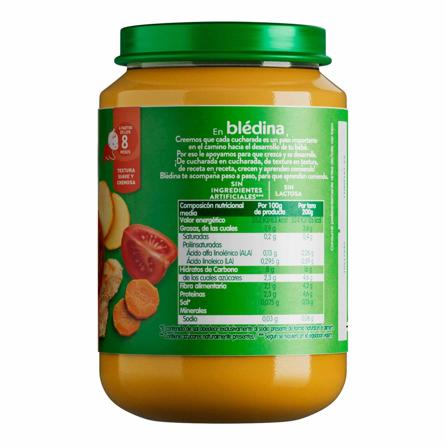 Tarrito de verduras y pollo desde 8 meses Danone Blédina sin gluten, sin lactosa y sin azúcar añadido 200 g. — otra vista del envase