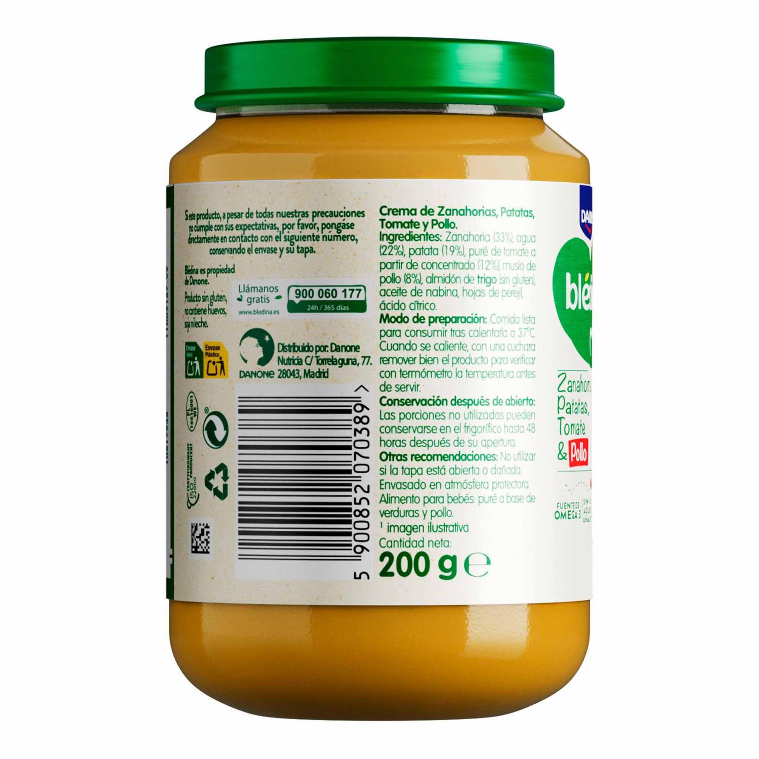 Tarrito de verduras y pollo desde 8 meses Danone Blédina sin gluten, sin lactosa y sin azúcar añadido 200 g. — otra vista del envase