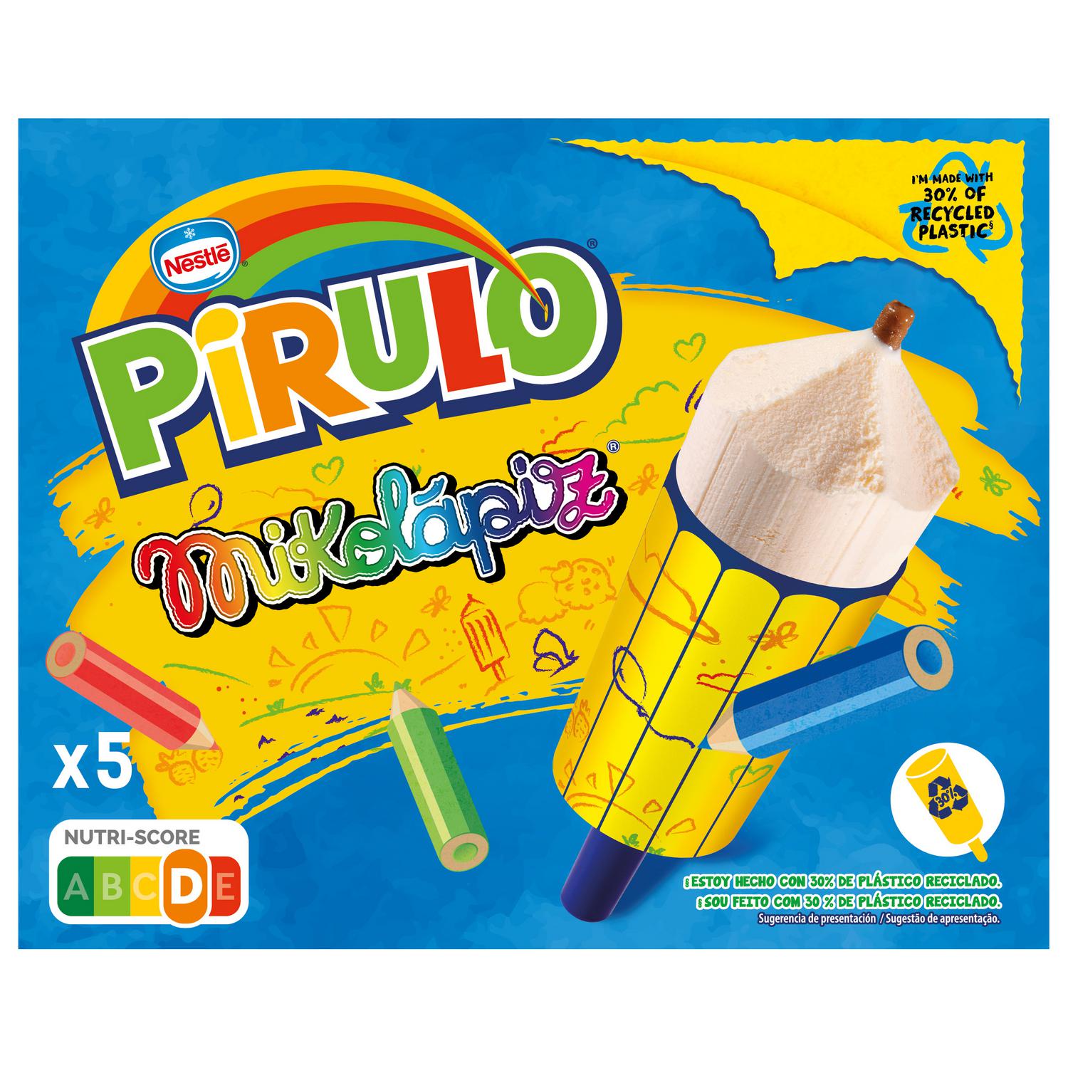 Helado sabor a vainilla con relleno al cacao Pirulo Mikolápiz sin gluten 5 ud. — otra vista del envase