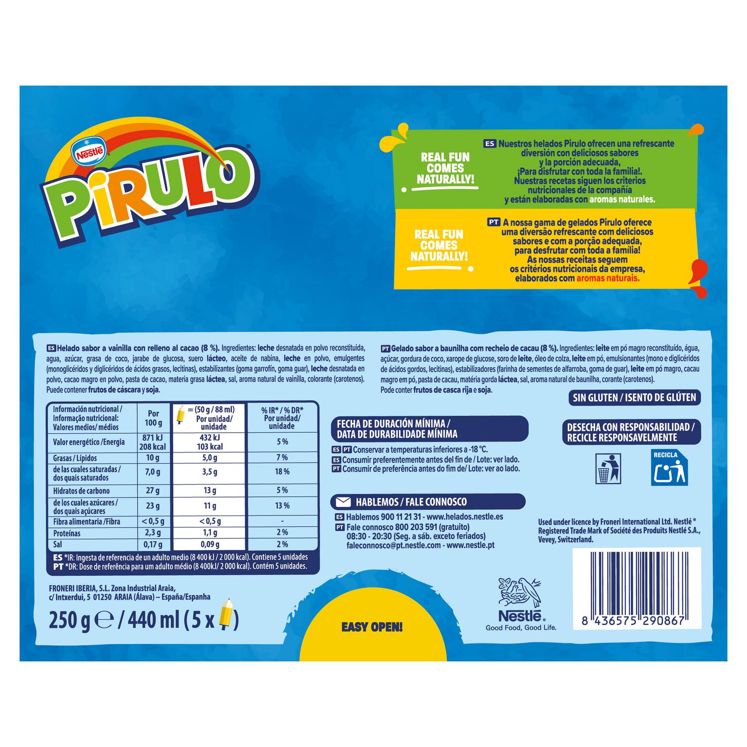 Helado sabor a vainilla con relleno al cacao Pirulo Mikolápiz sin gluten 5 ud. — otra vista del envase