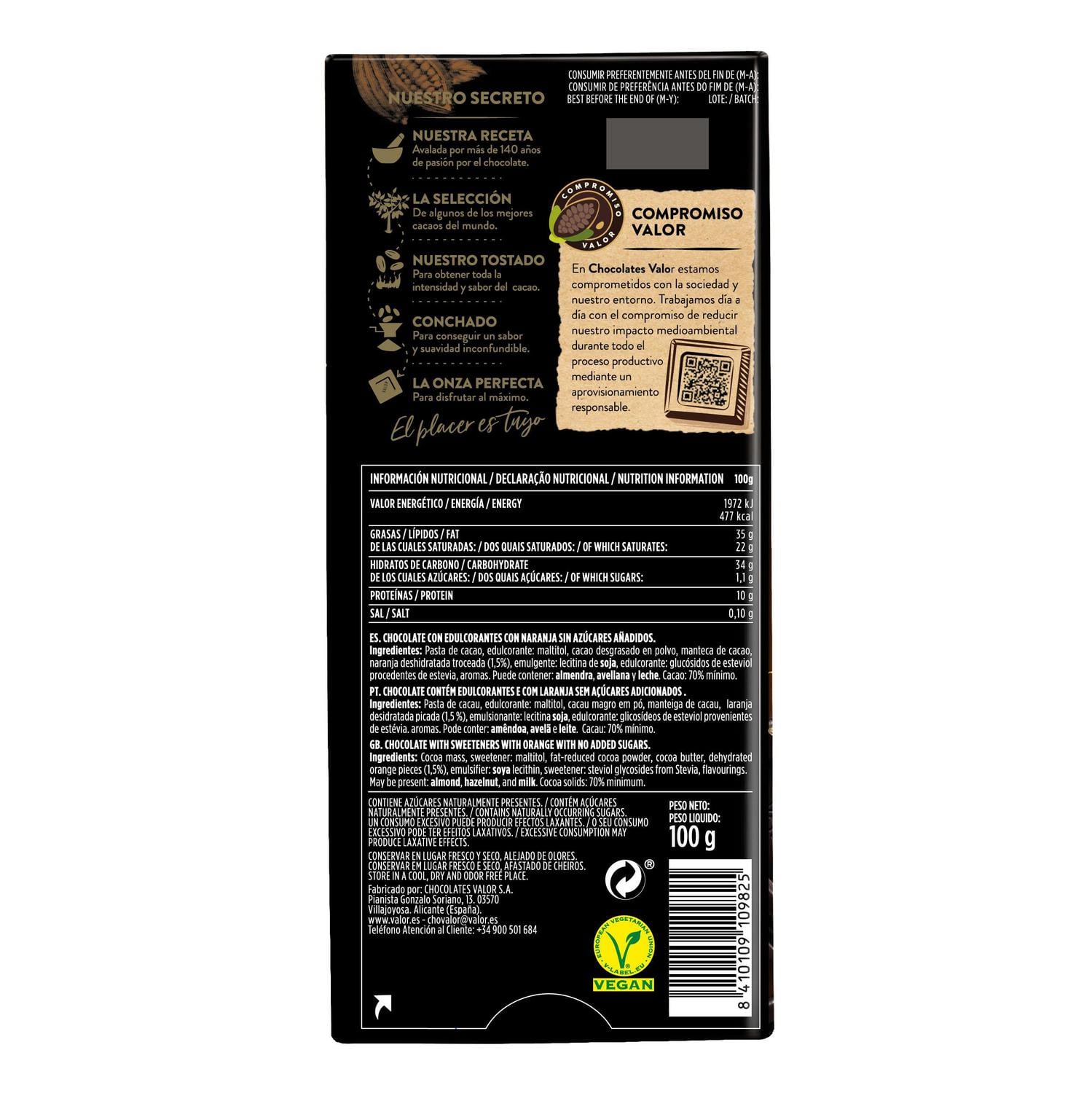 Chocolate negro 70% con naranja y stevia sin azúcar añadido Valor sin gluten 100 g. — otra vista del envase