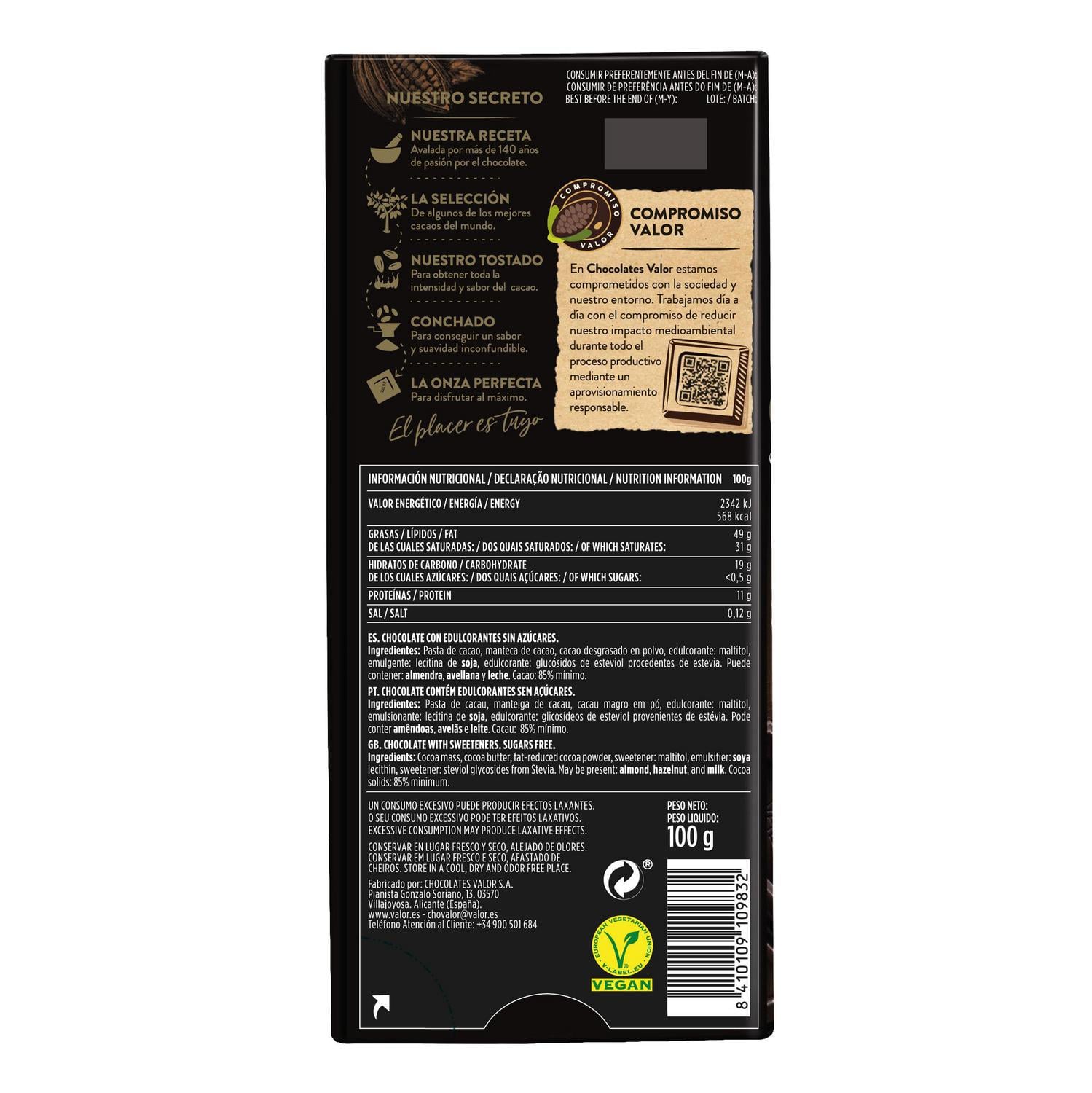 Chocolate negro 85% con stevia sin azúcar añadido Valor sin gluten 100 g. — otra vista del envase