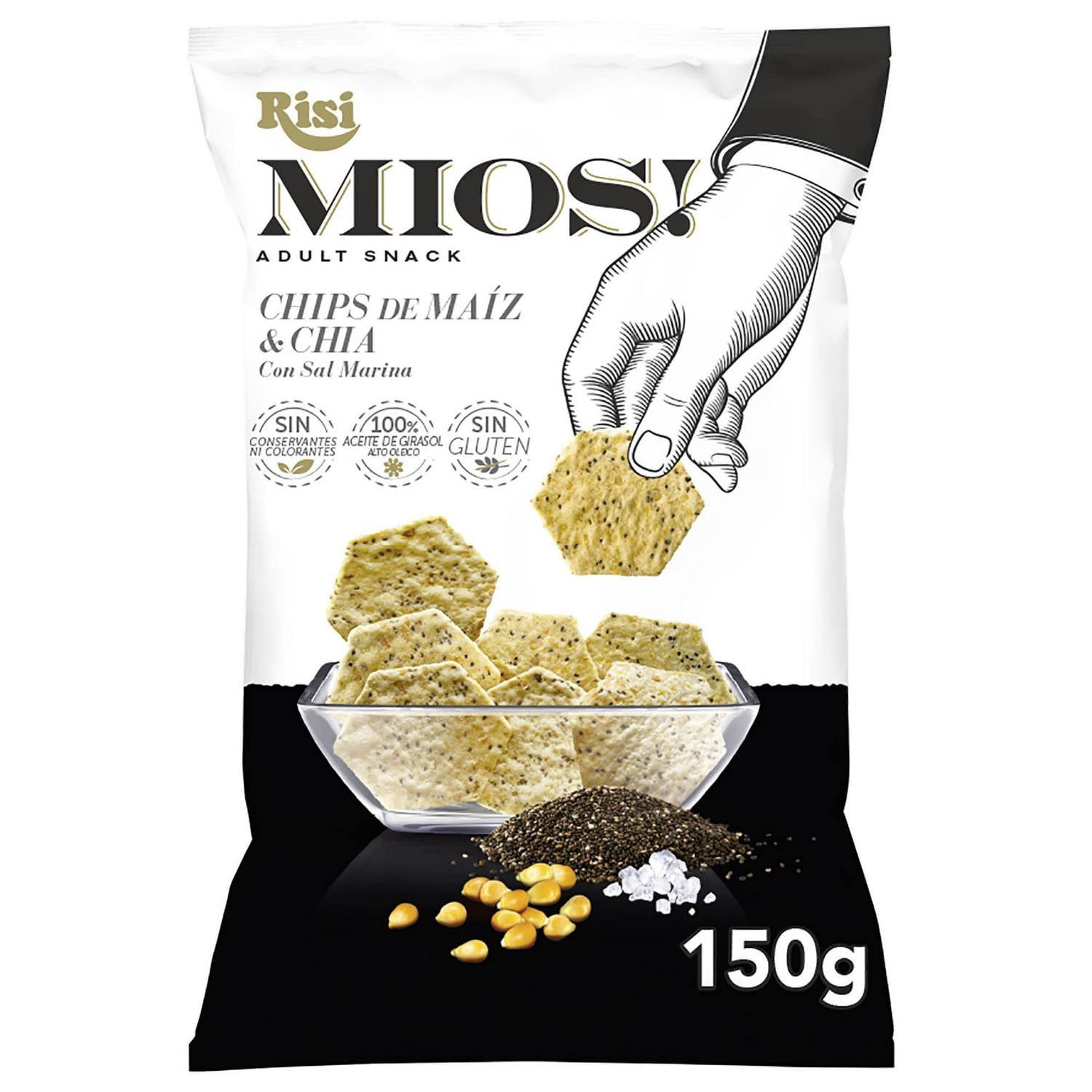 Aperitivo de maíz y chía con sal marina Risi Mios! sin gluten 150 g. — otra vista del envase