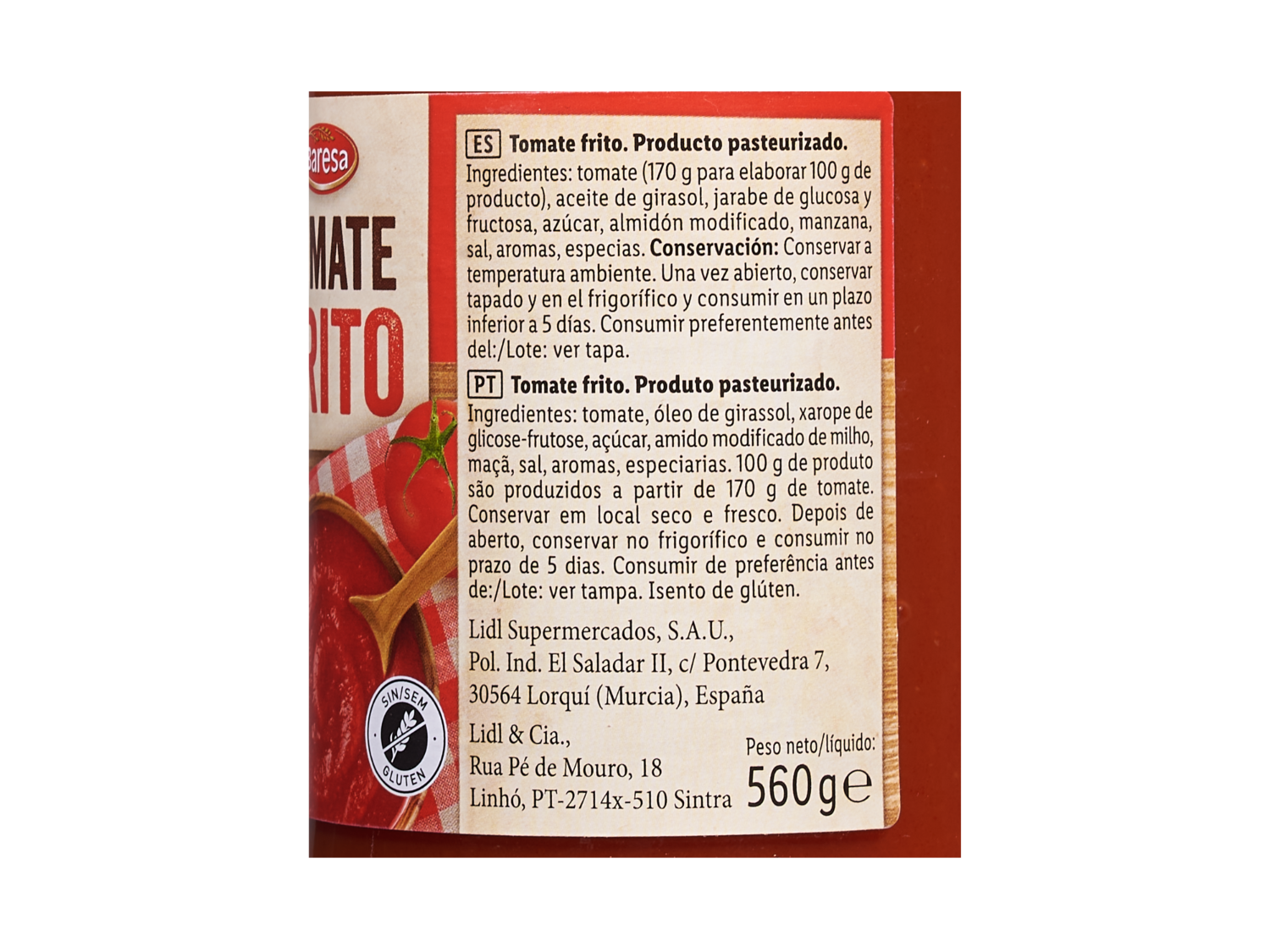 BARESA Tomate frito — otra vista del envase