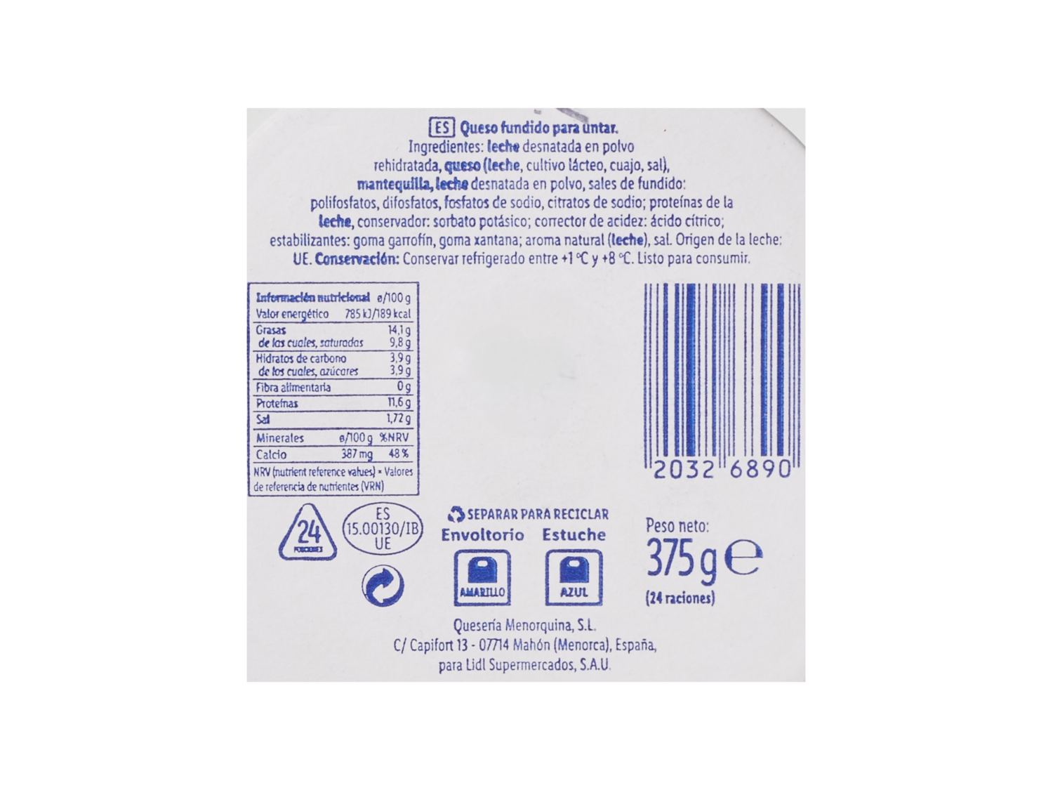 MILBONA Queso fundido 24 porciones — otra vista del envase