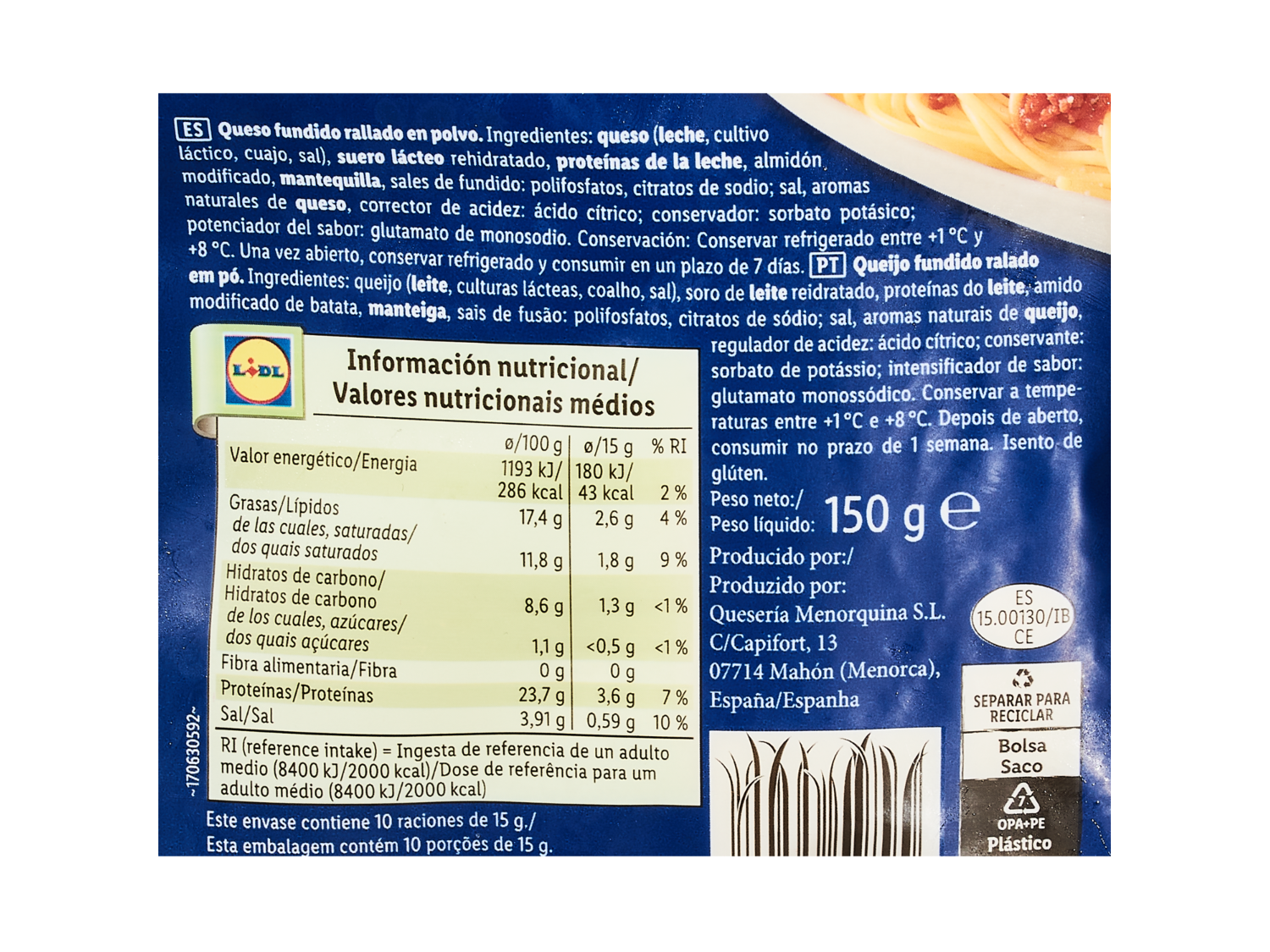 MILBONA Especial pasta — otra vista del envase